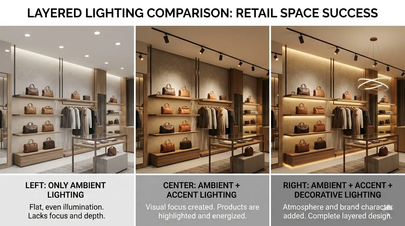 Layered Accent Lighting for Commercial Spaces compared with ambient and decorative lighting