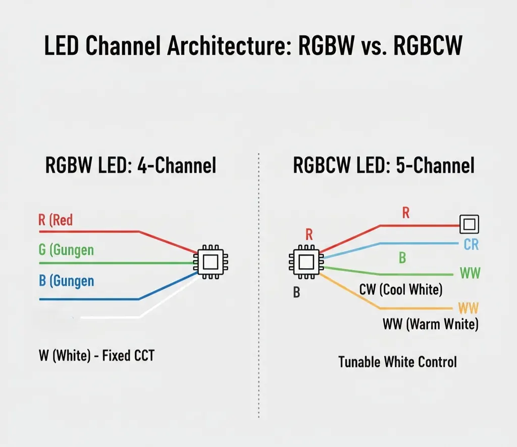 RGBW- und RGBCW-LED-Beleuchtungskanalstruktur-Vergleichsdiagramm