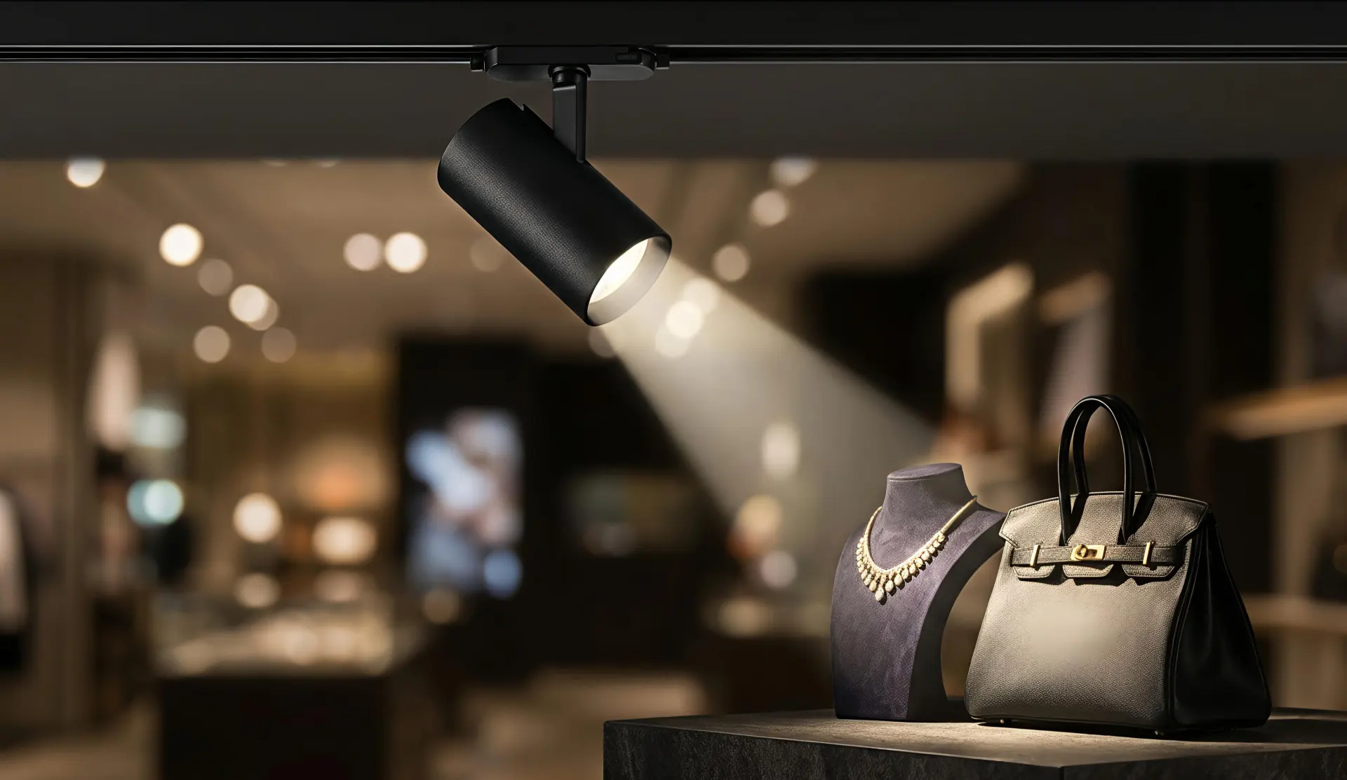 Track system used in Accent Lighting for Commercial Spaces with adjustable spotlight heads