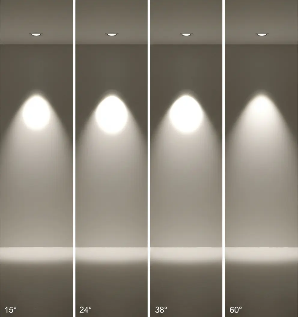 Different beam angle options of recessed LED downlights for accent and general lighting