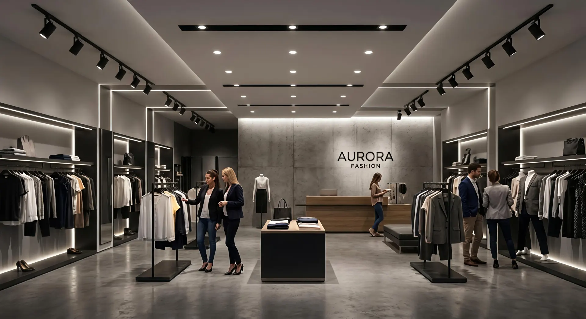 Layered retail lighting design combining ambient, accent, and linear lighting systems