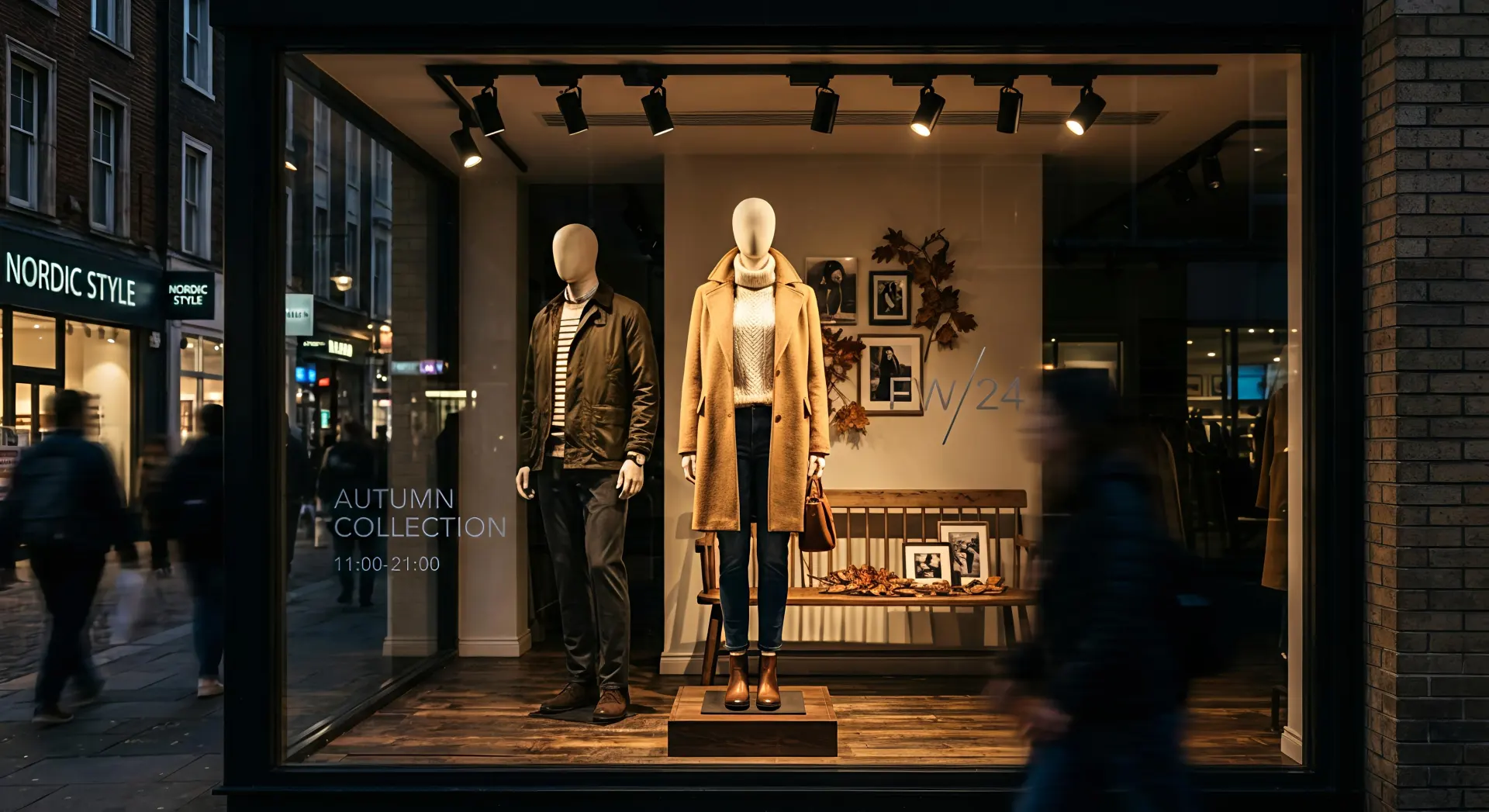 Iluminación del foco de pista que destaca maniquíes en el escaparate de la tienda de ropa