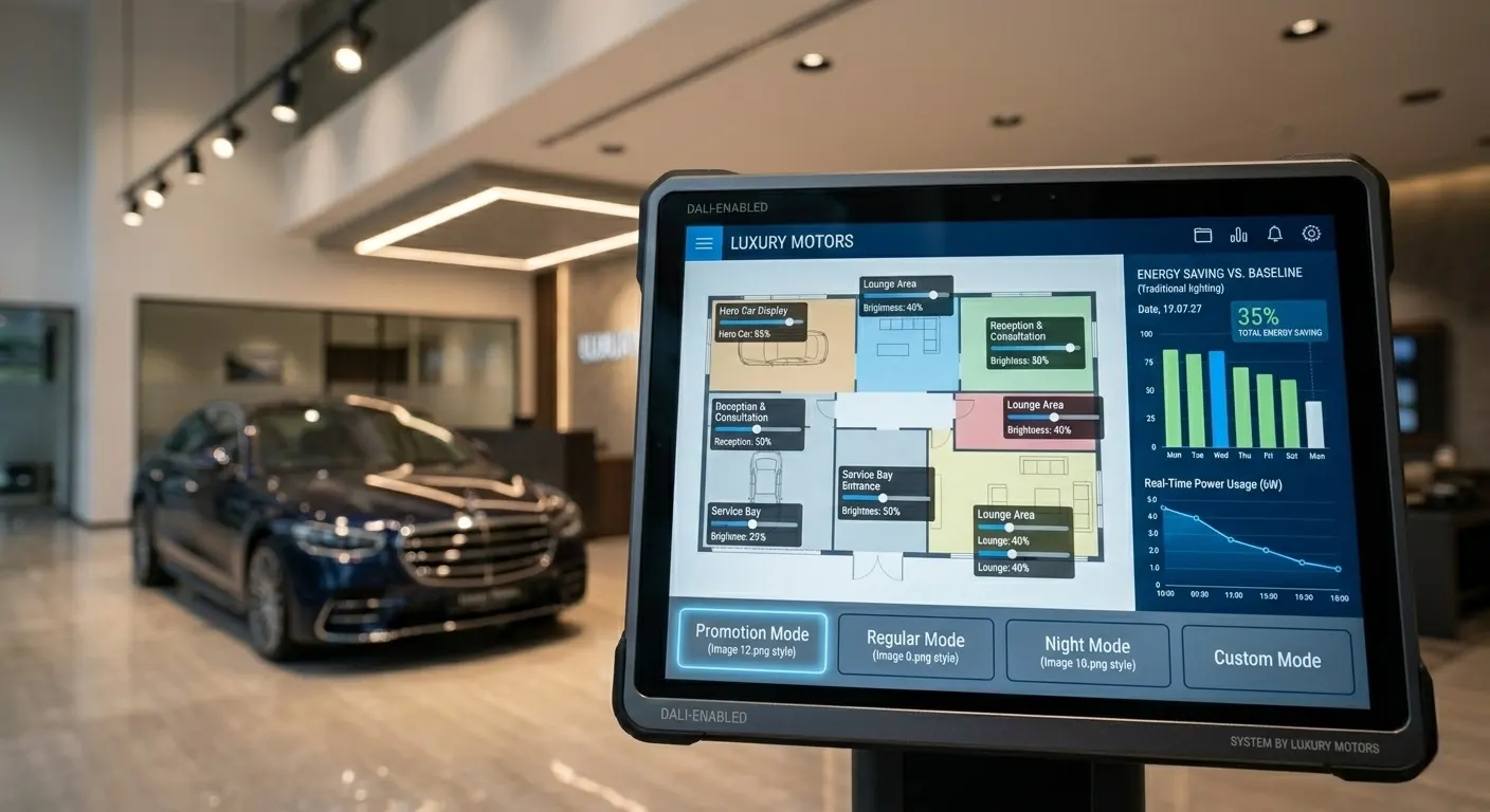 DALI Smart Lighting Control Interface für Gleis- und Downlight-System im Autoshowroom