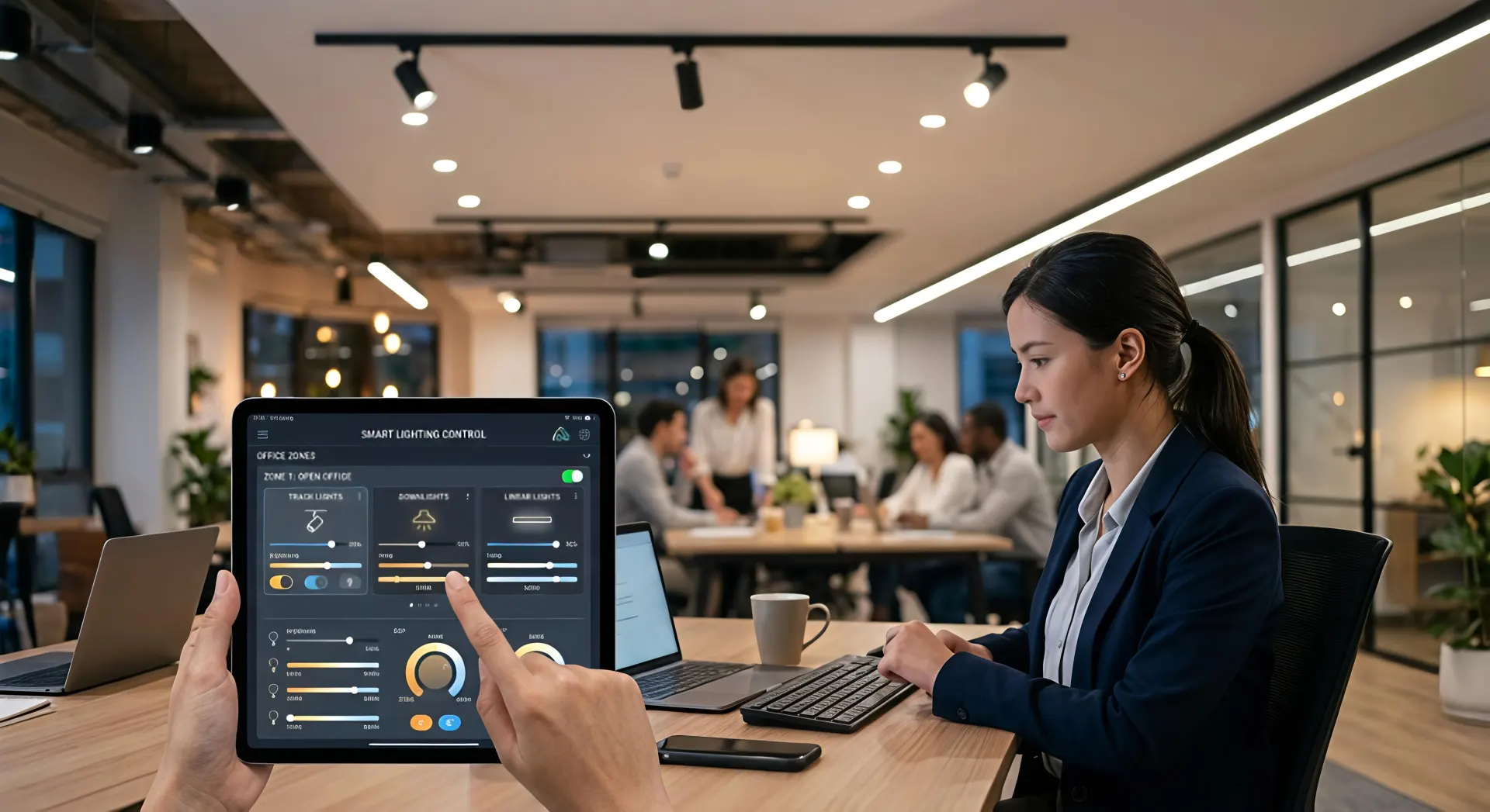 Human Centric Lighting System in modern office with track lights, downlights and linear lighting under smart control