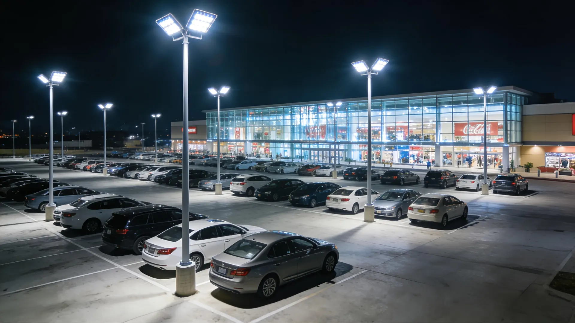 Luz LED iluminando el aparcamiento del centro comercial por la noche