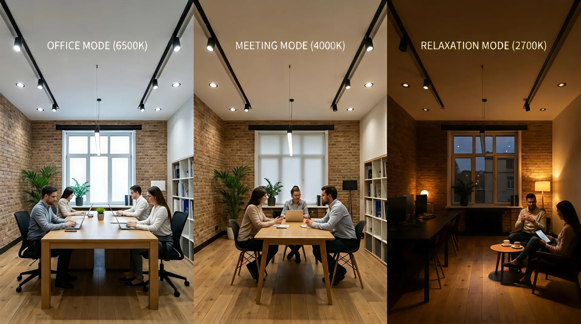 scene based lighting modes with track lights downlights and linear lights for office meeting and relax