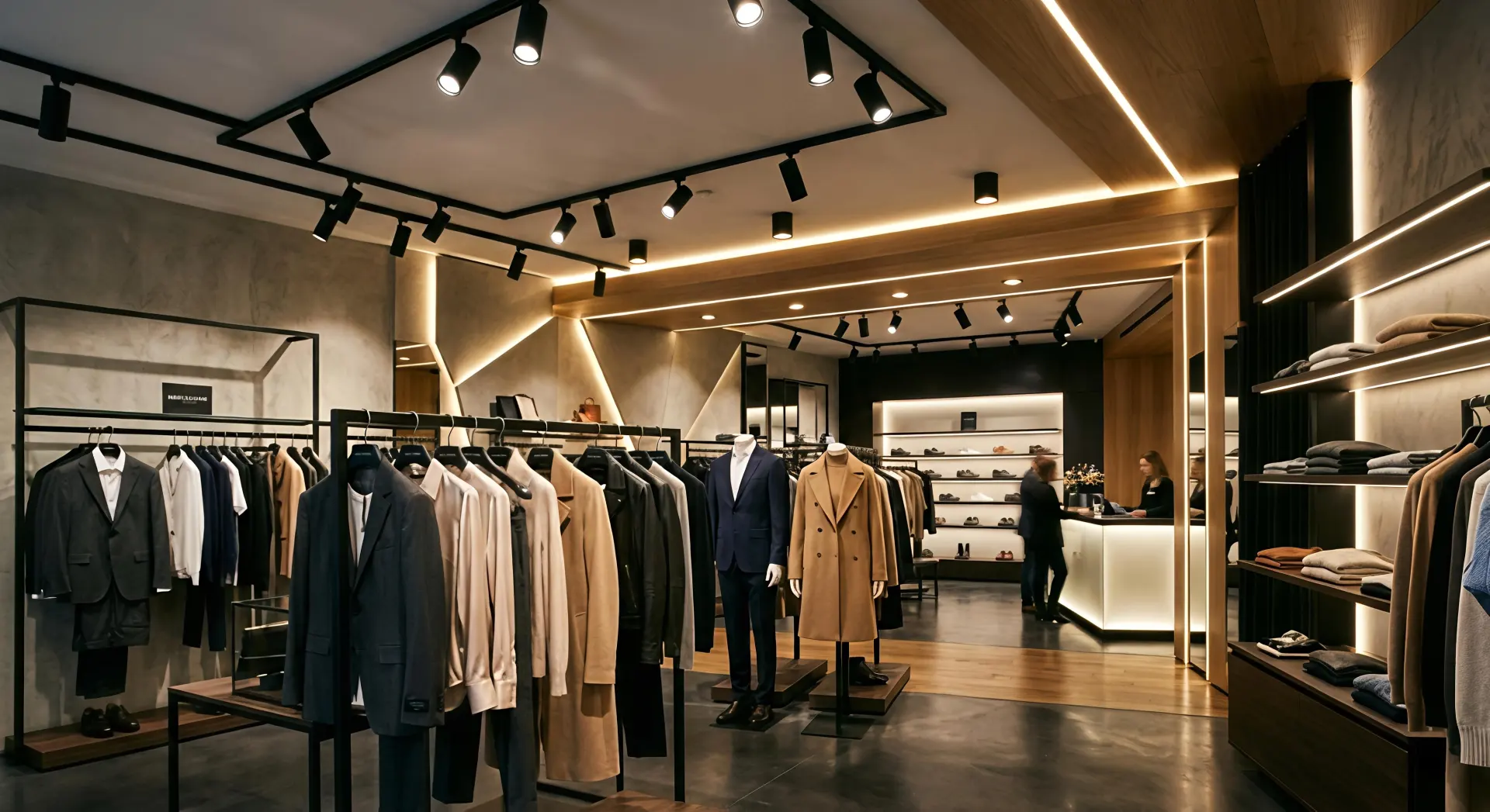 retail lighting with track lights for accent and downlights for ambient illumination in store