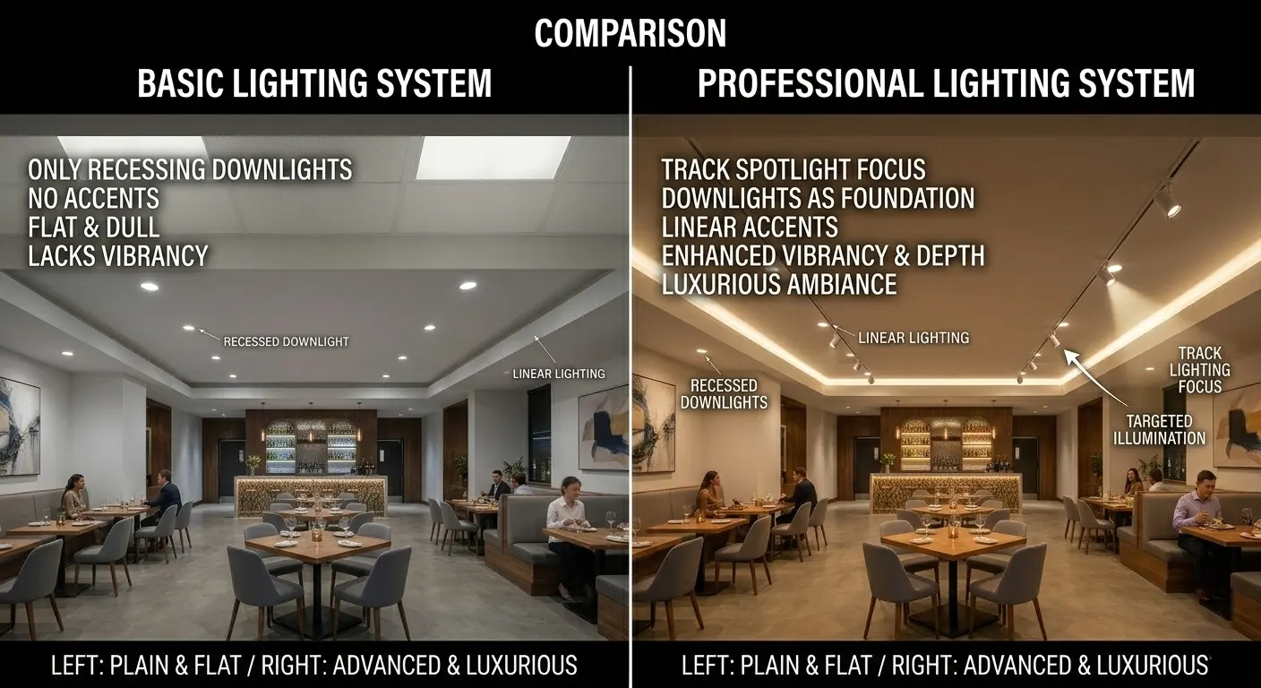 Comparison between basic lighting and professional Restaurant LED Lighting Solutions with track and linear lights