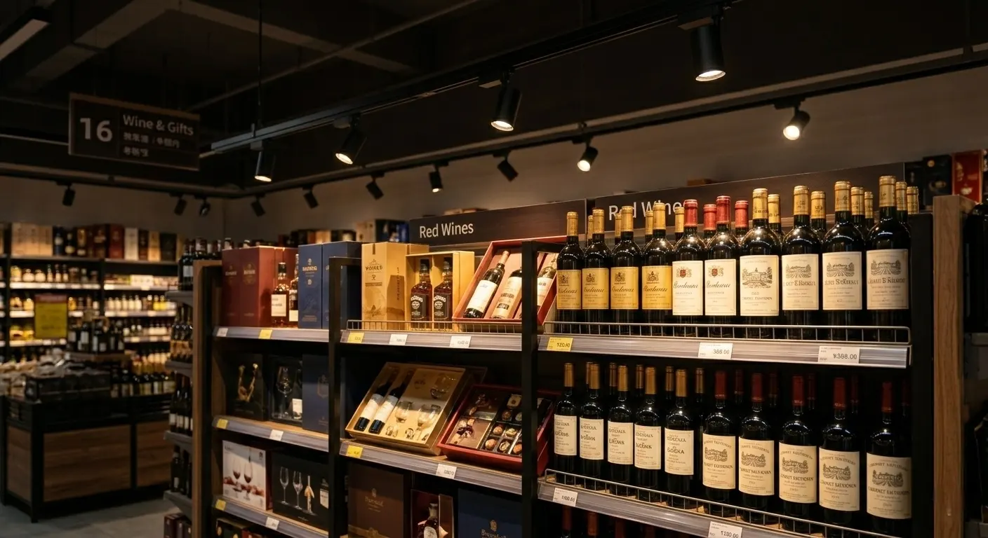 Track spotlights highlighting premium products as part of supermarket accent lighting design