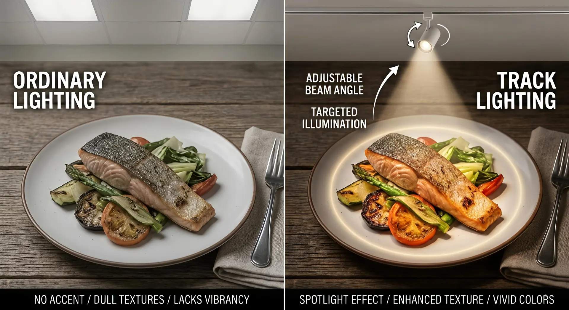 High CRI track lighting enhancing food presentation in Restaurant LED Lighting Solutions