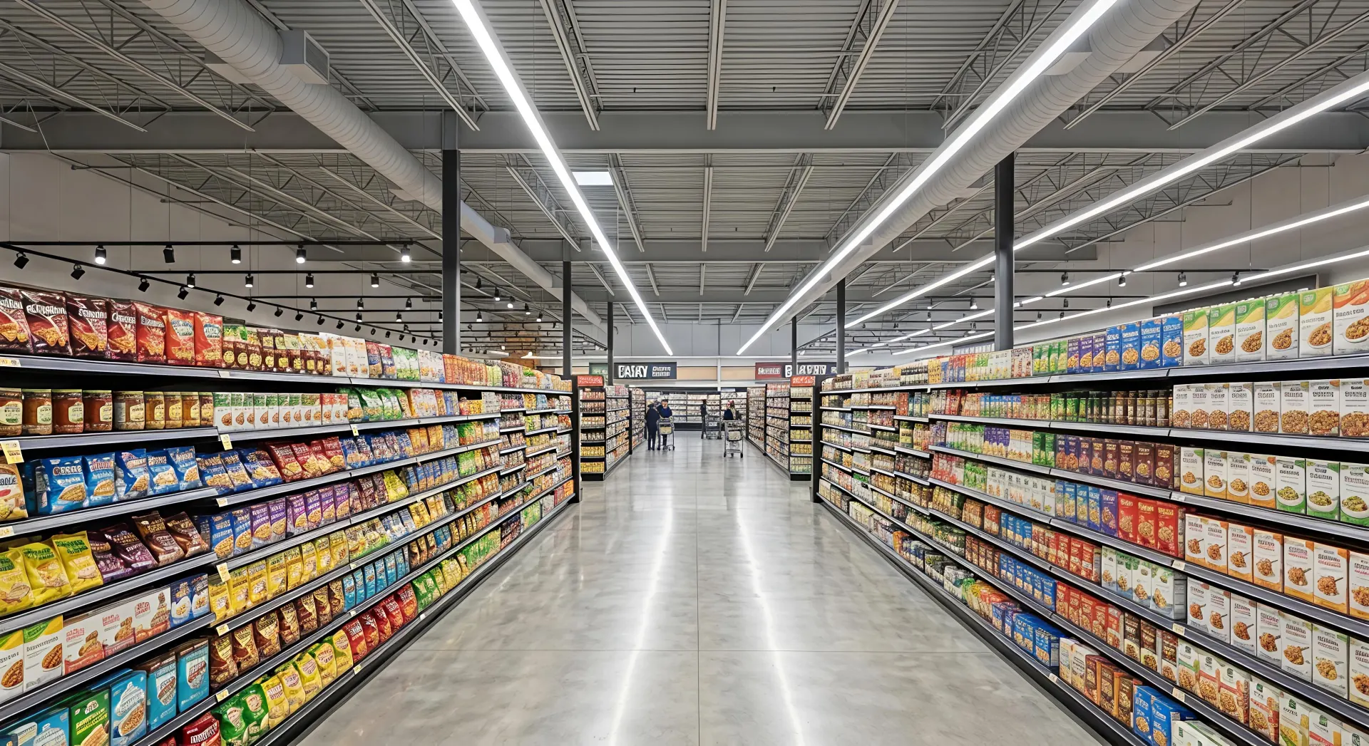 Commercial linear lighting used for supermarket aisle lighting design creating bright and uniform grocery store aisles