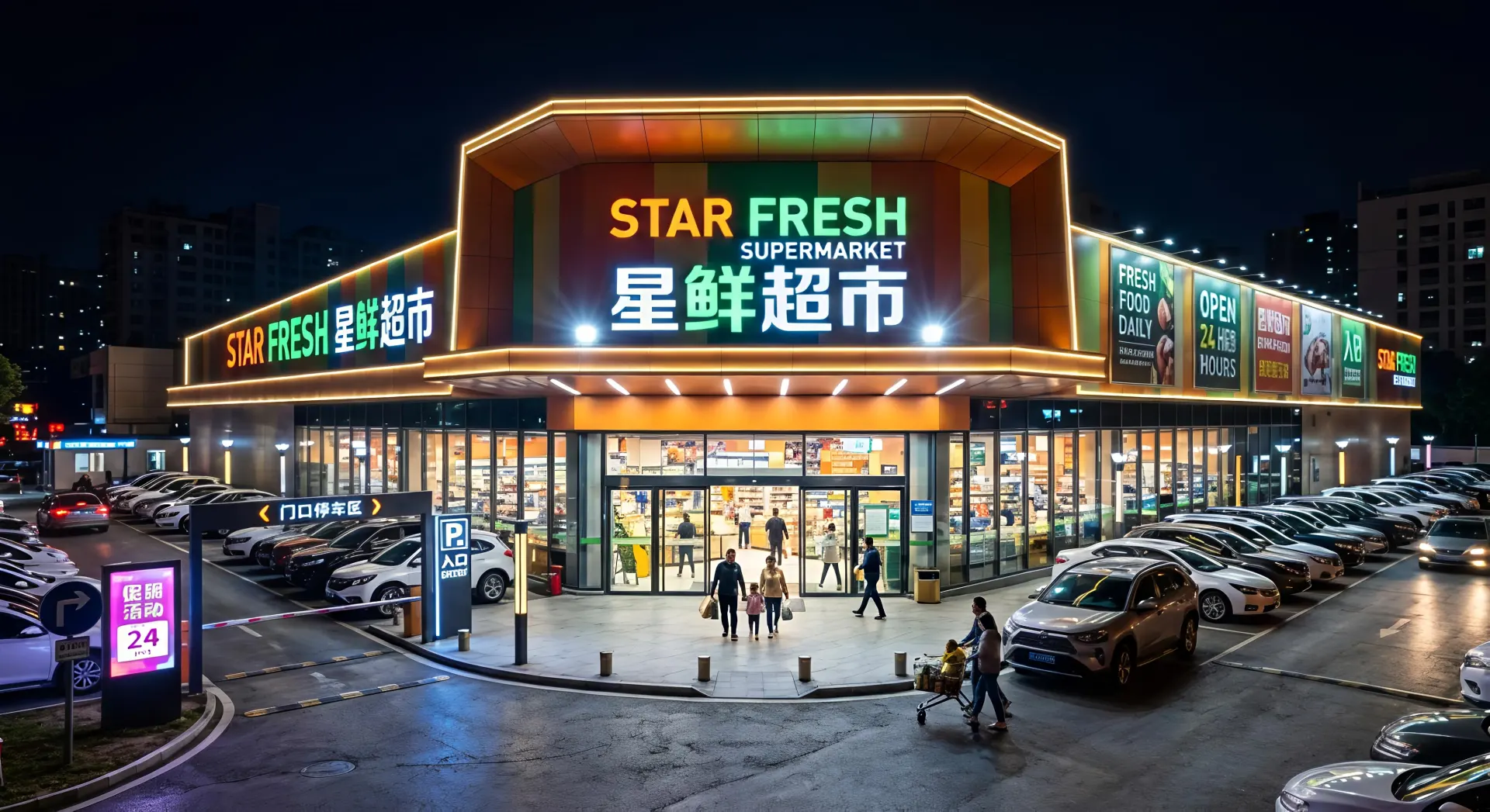 LED floodlights illuminating supermarket facade and entrance as part of outdoor retail lighting solutions