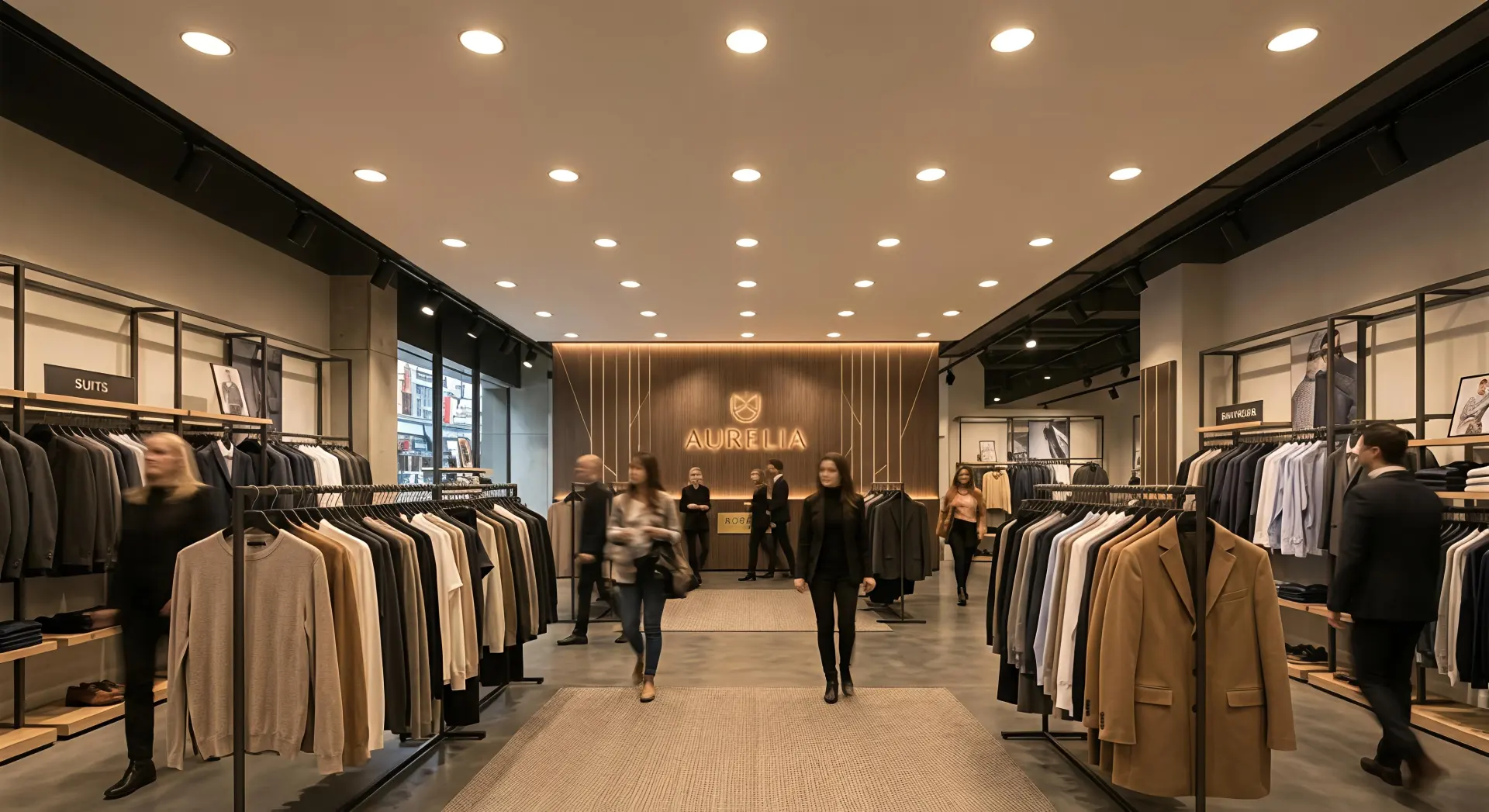 Downlights que proporcionan iluminación general en los pasillos de las tiendas de ropa