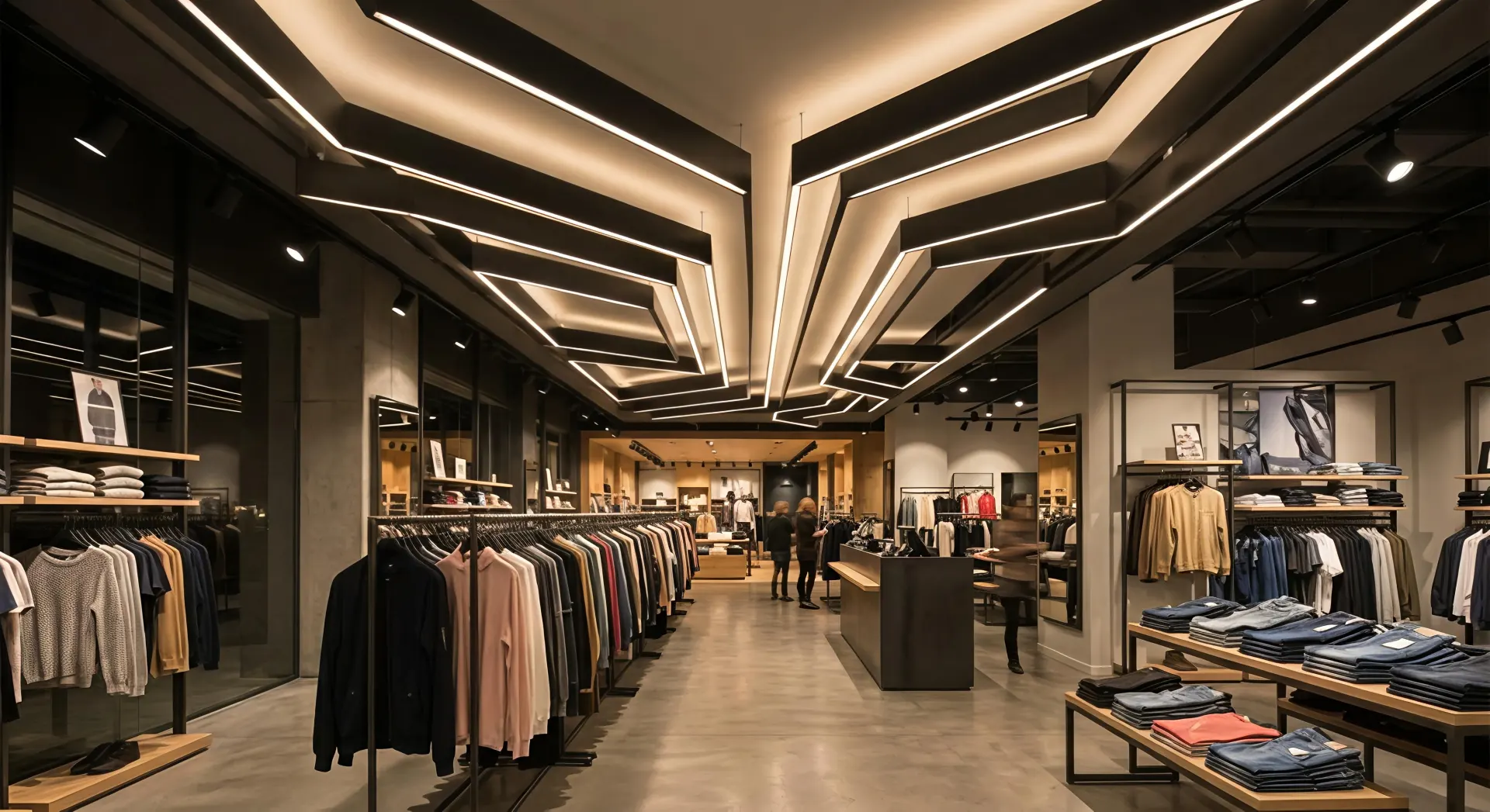 Iluminación lineal empotrada creando una atmósfera arquitectónica en una tienda de moda
