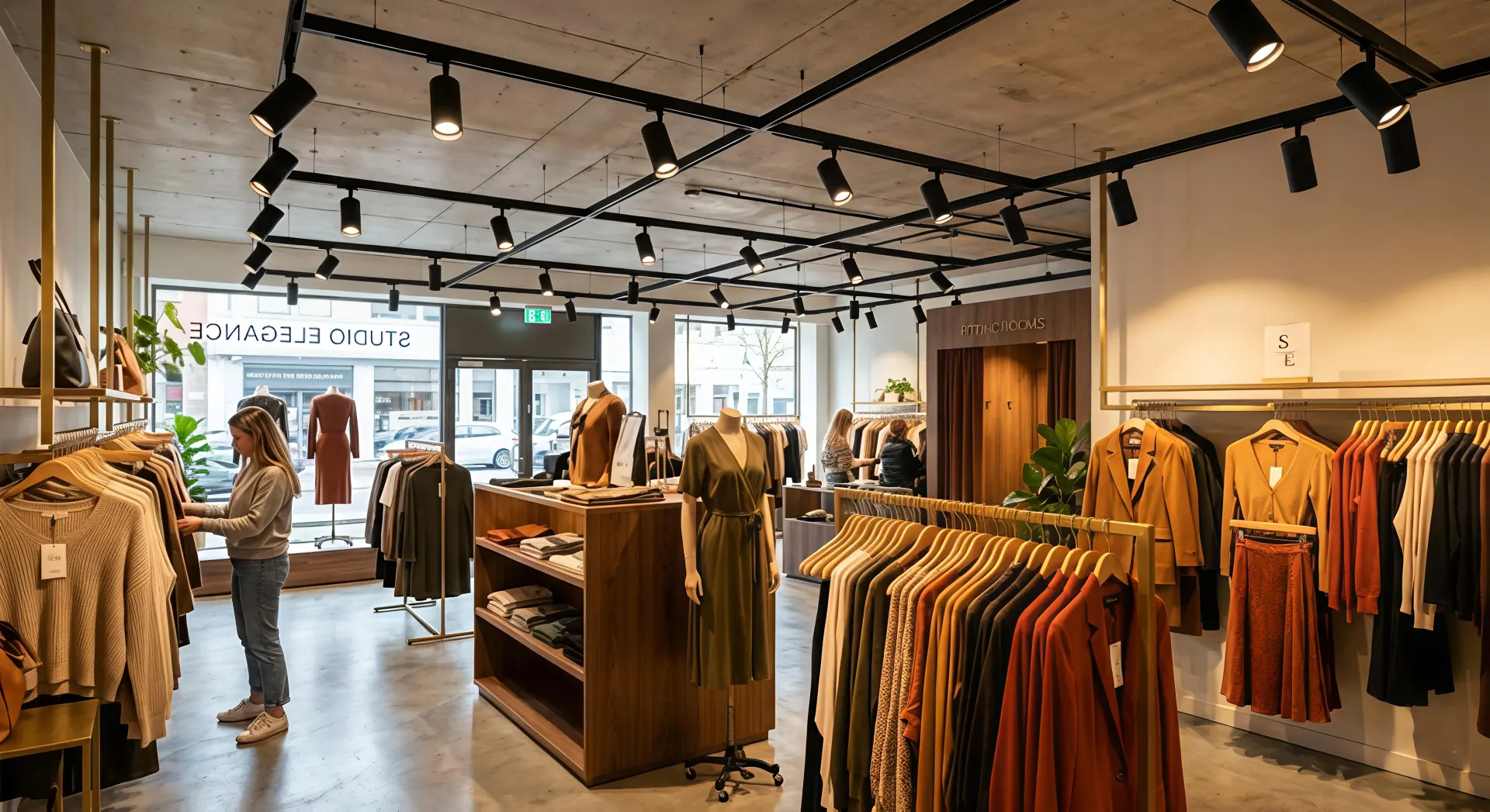 modular track lighting system for retail store with adjustable spotlights