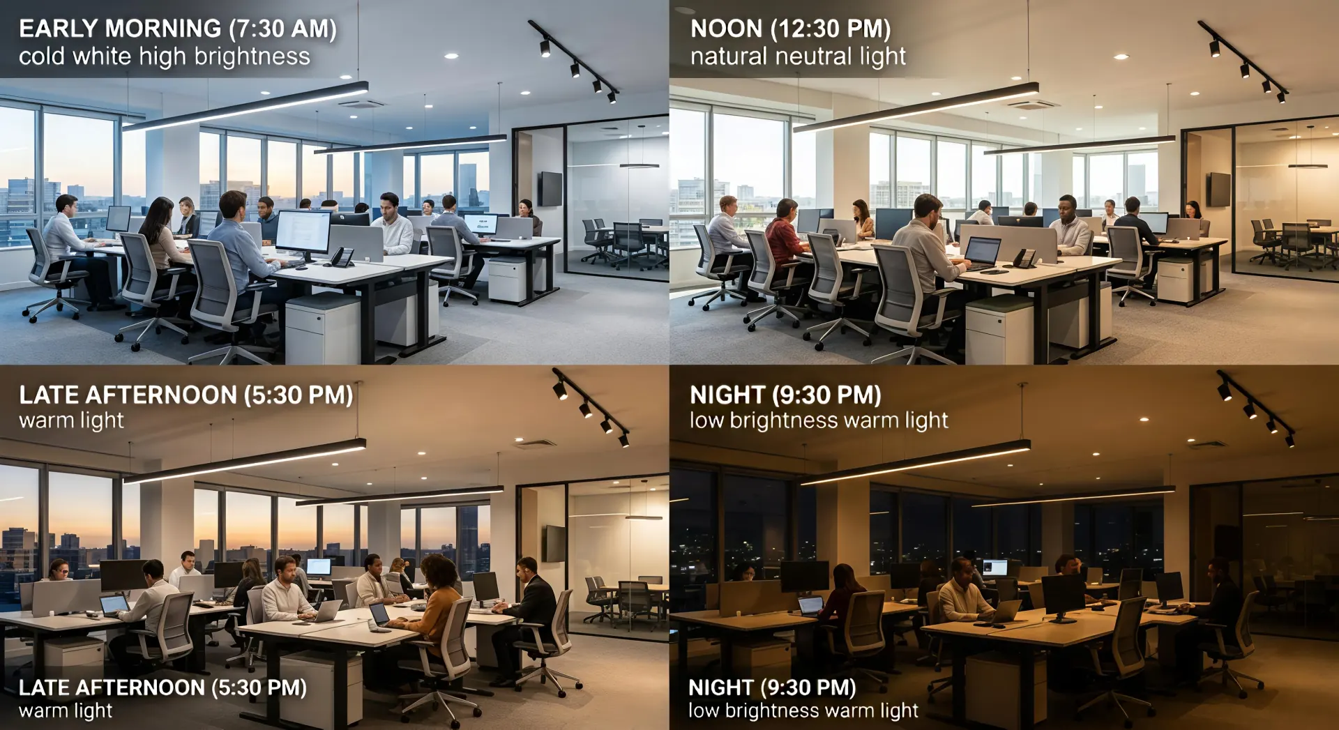 circadian lighting changes from cool to warm light using human centric lighting system in office