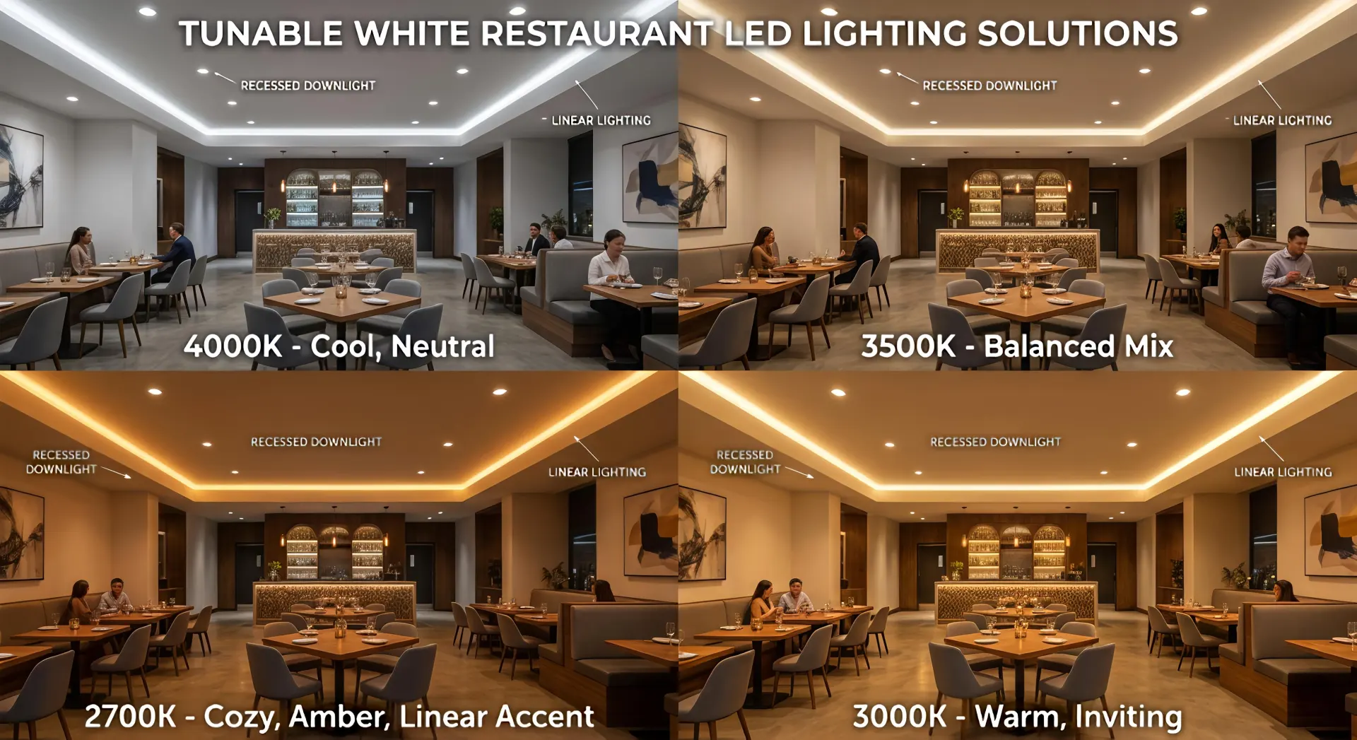 Dimmable downlights and linear lights showing daypart lighting control in Restaurant LED Lighting Solutions