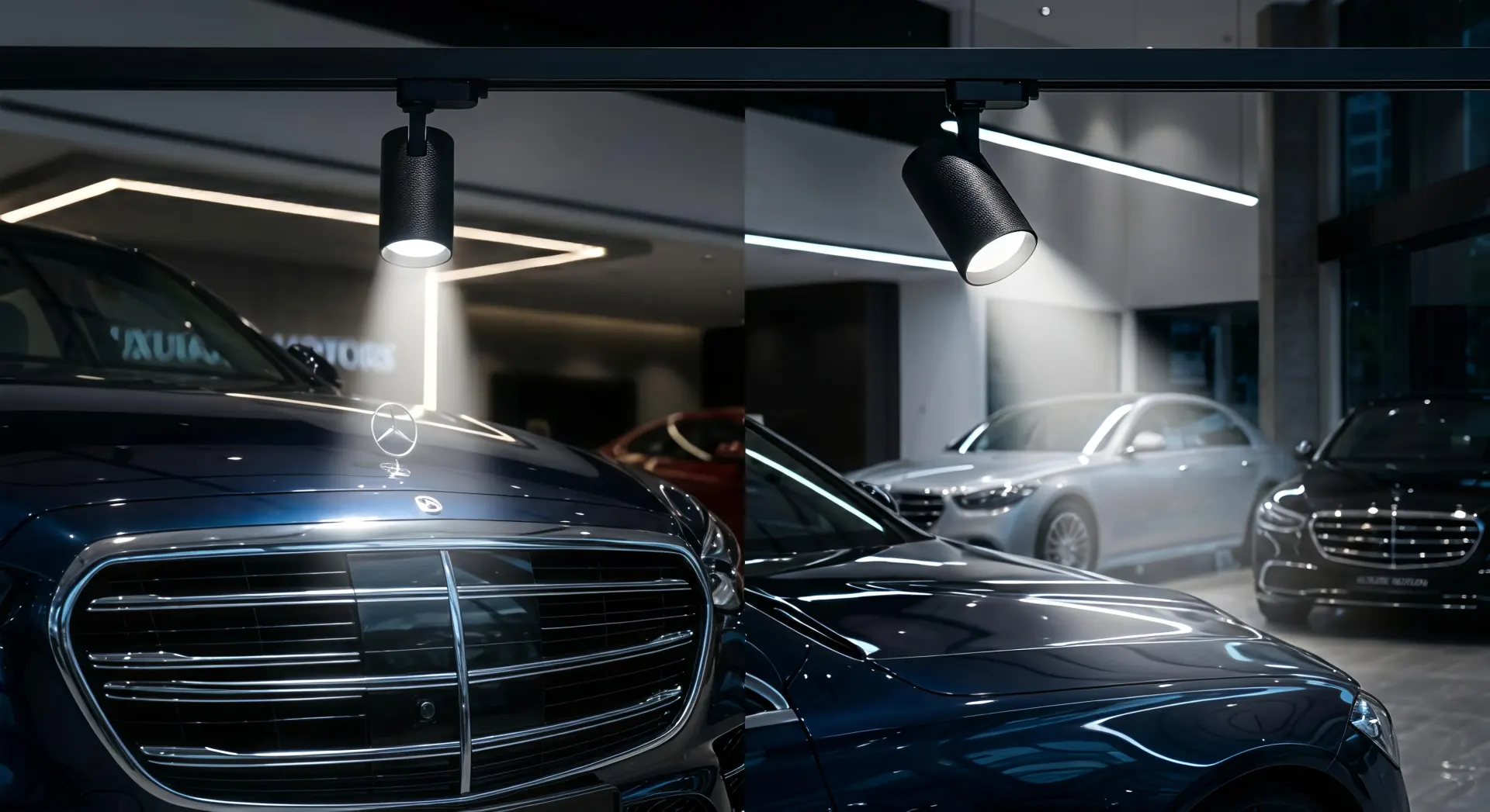Verstellbare LED-Schienenlichter, die Fahrzeugdetails im Autohaus hervorheben