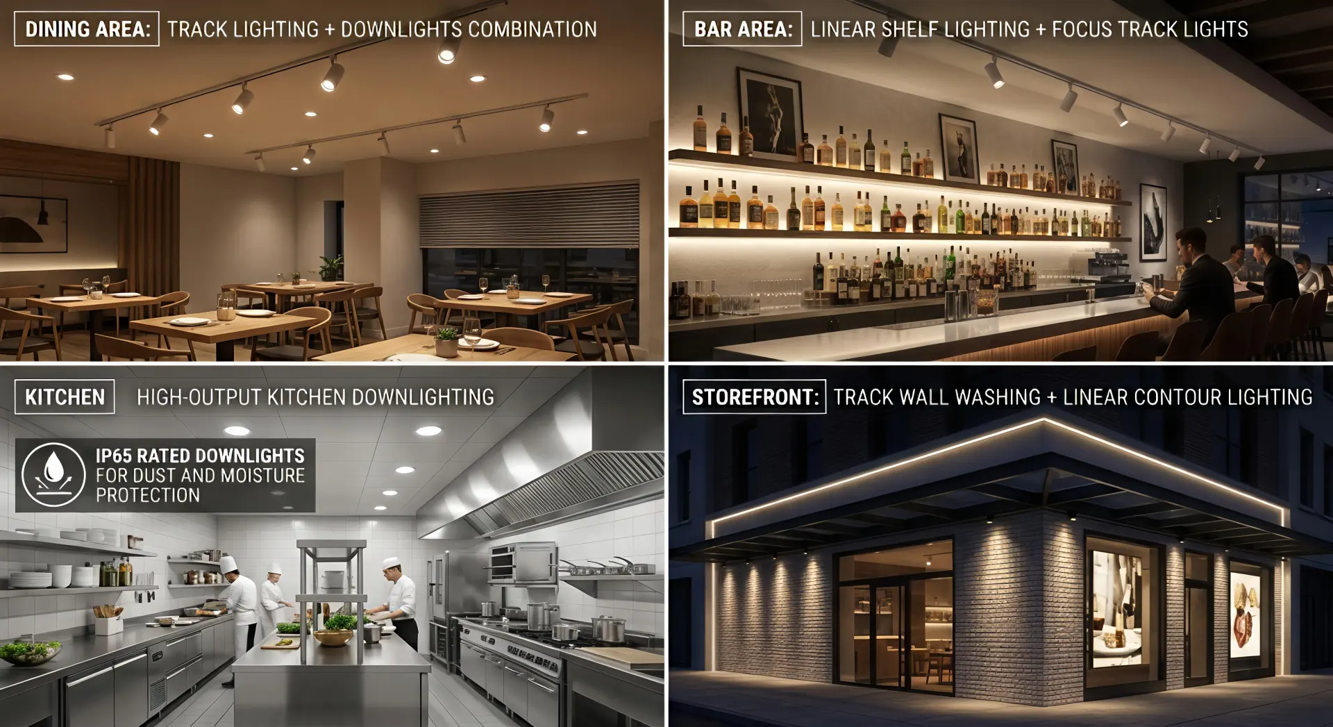 Track lights downlights and linear lights applied across dining bar kitchen and storefront areas