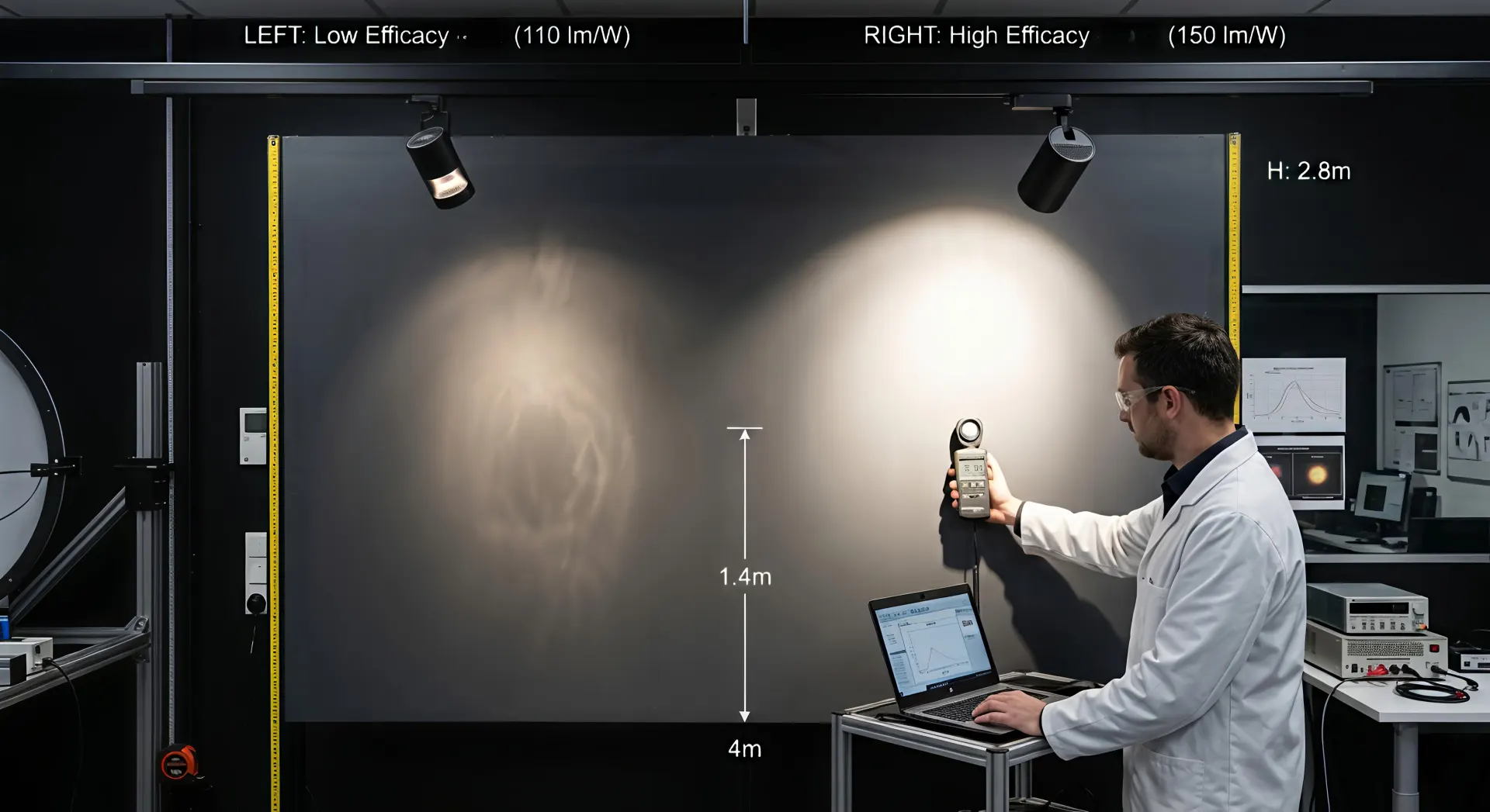 Lux test comparing 150lm/W and 110lm/W energy efficient track lighting