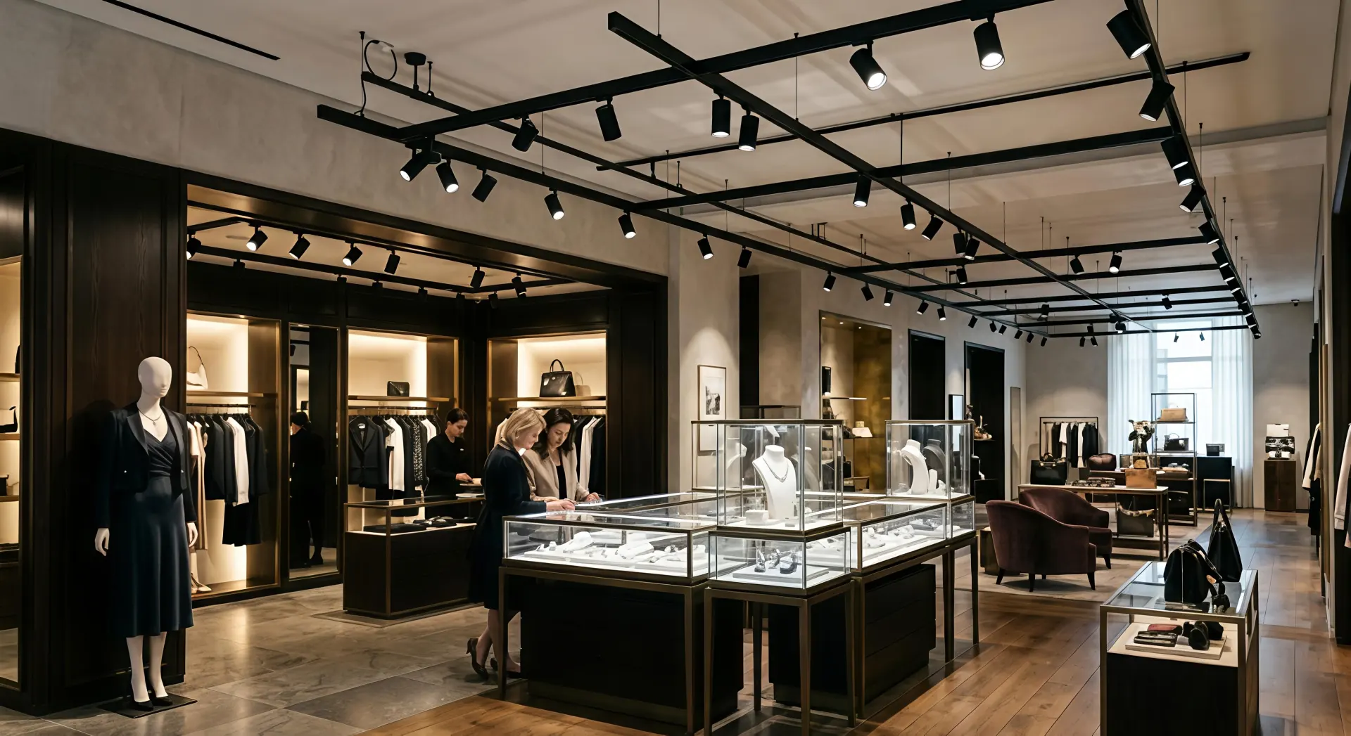 Luxury retail store using tunable white track lighting to enhance product presentation