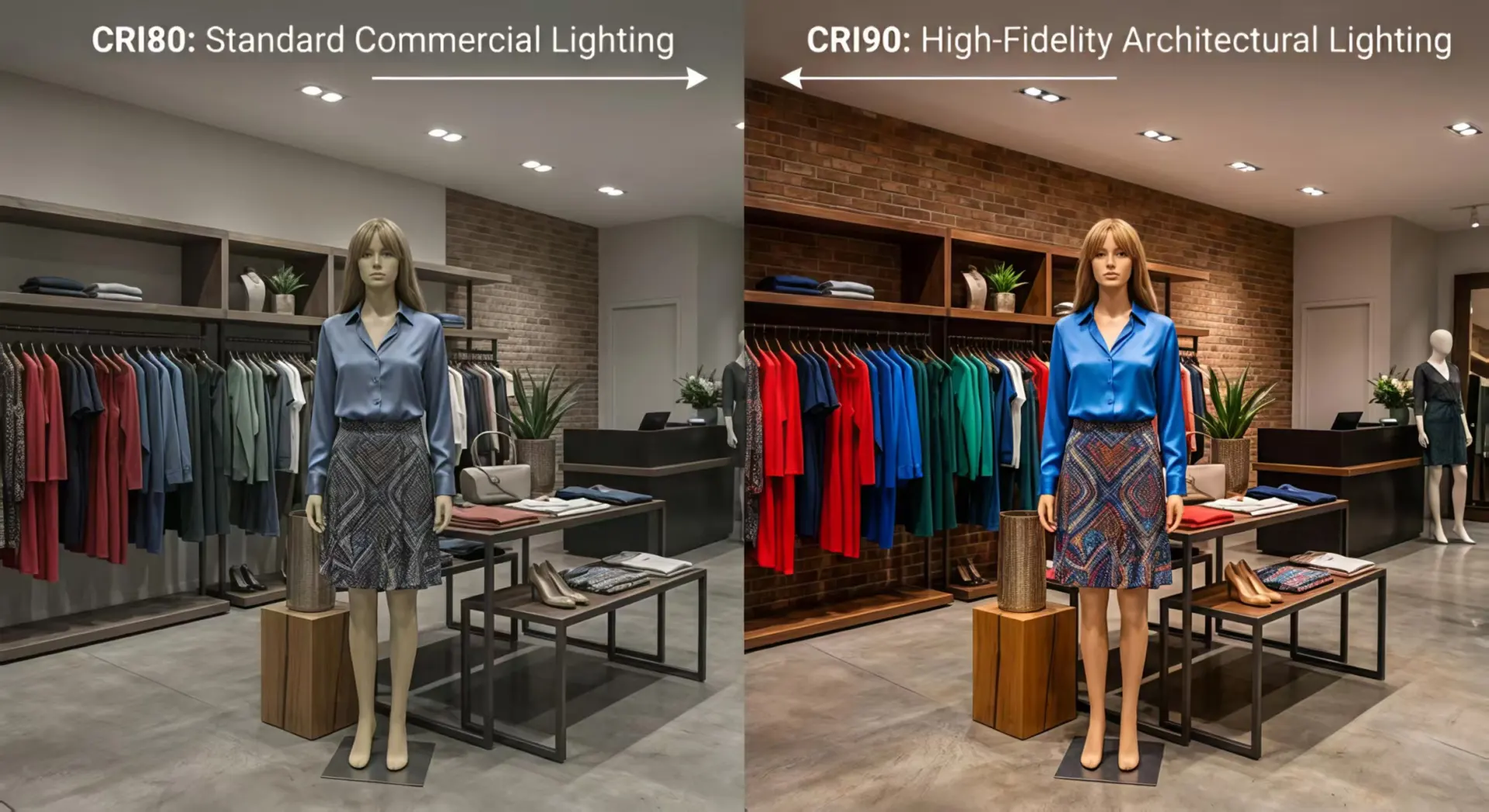 Comparación entre CRI80 y Downlight CRI90 que muestra diferencias en la calidad de iluminación y la representación de color