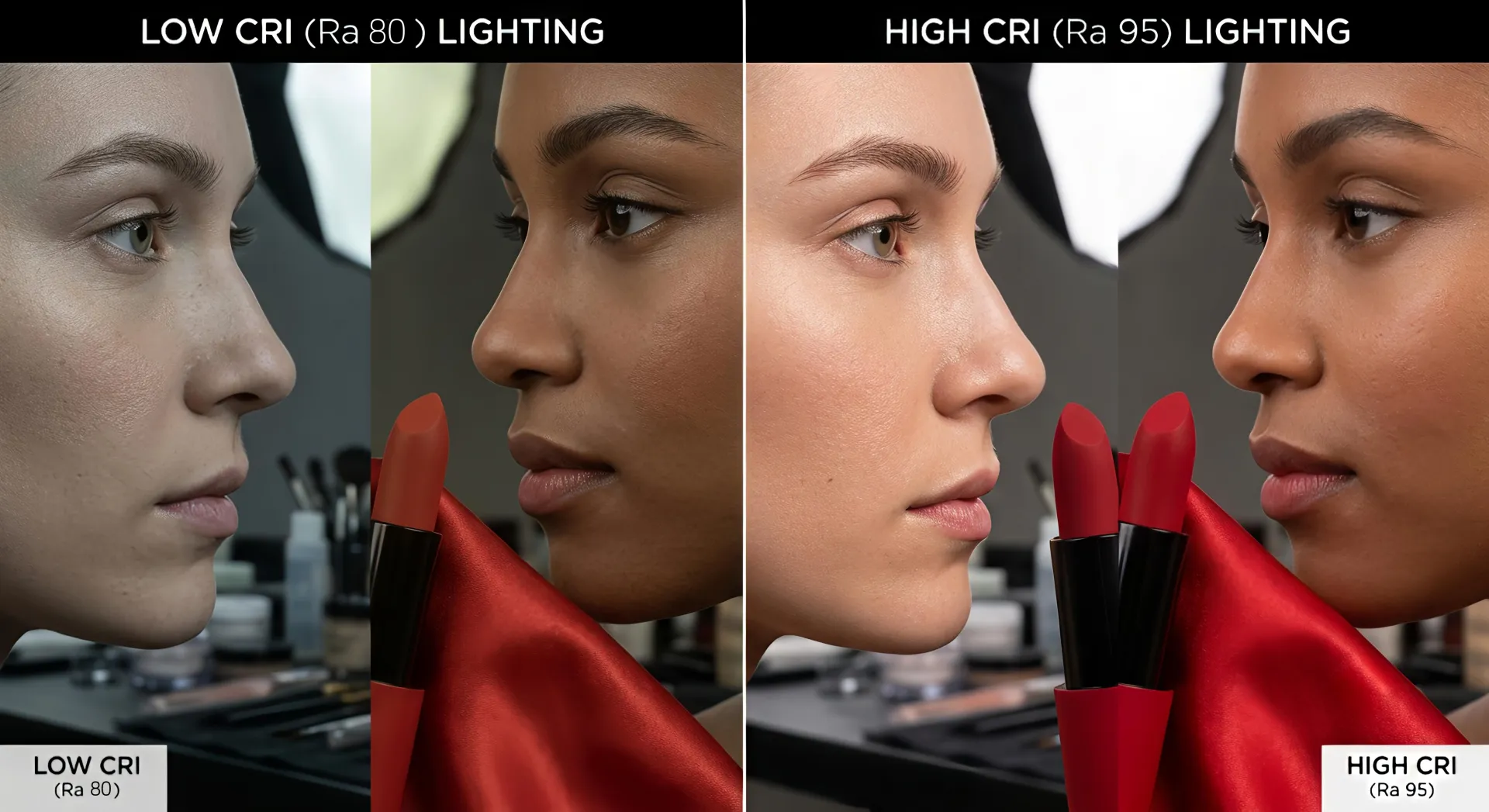 Comparación de iluminación High R9 Downlight CRI90 y CRI95 mostrando tonos naturales de piel y colores rojos vivos