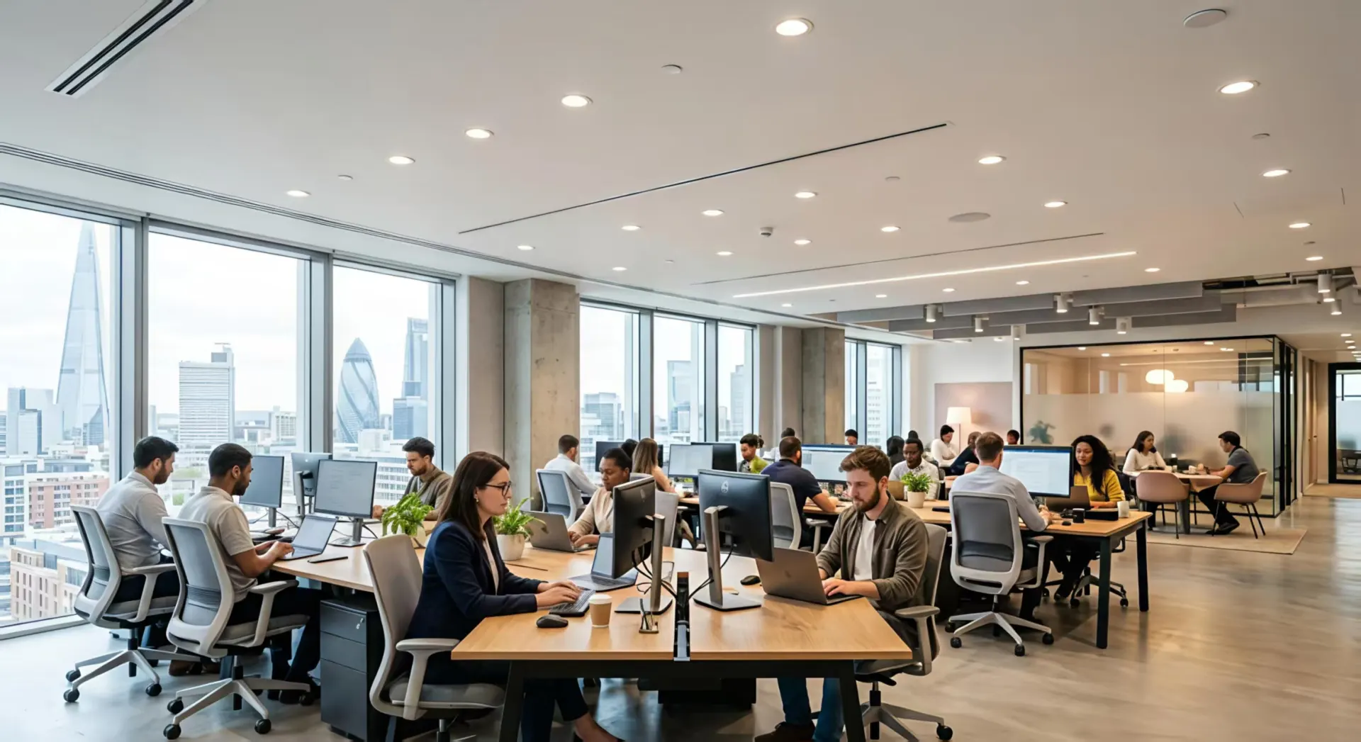 Smart LED recessed lights used in a modern office with human-centric and glare-free lighting