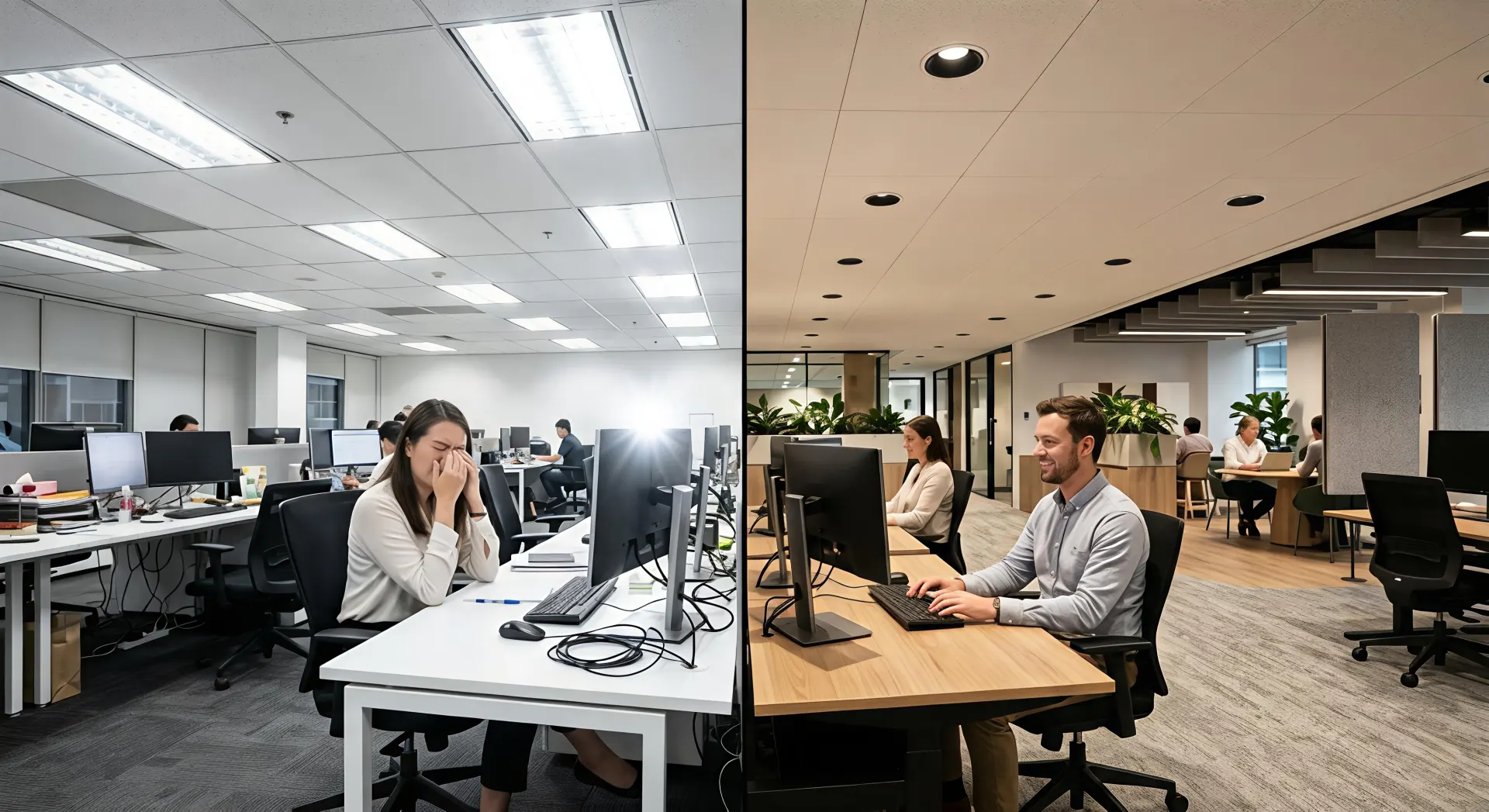 Comparison of traditional harsh lighting and anti glare recessed downlights in a commercial office
