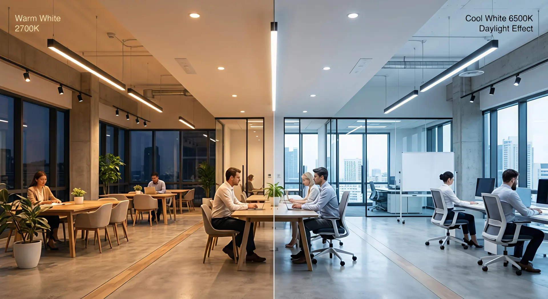 Comparison of warm and cool tunable white lighting in a commercial interior