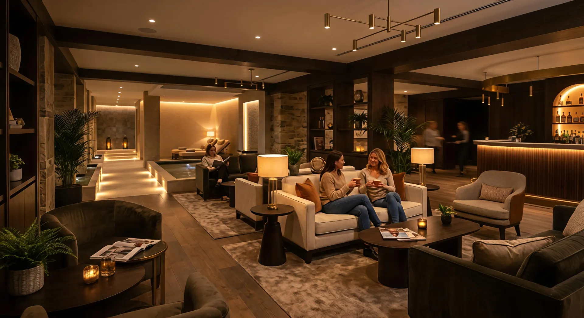 Hospitality space using tunable white lighting to create a relaxing atmosphere