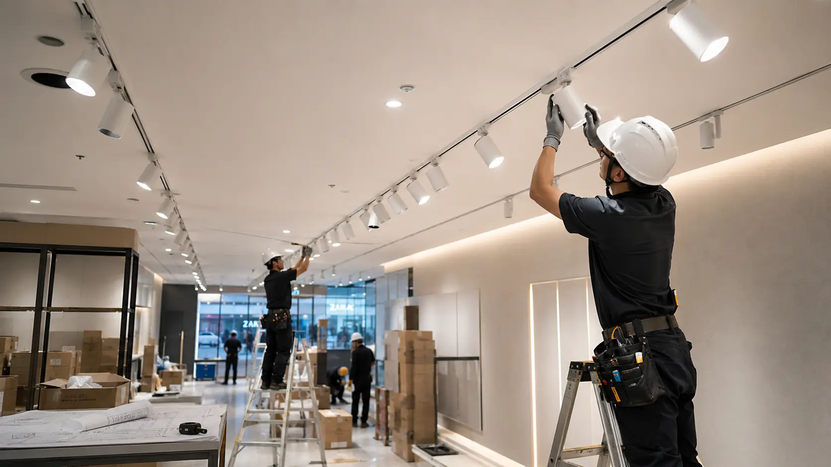 Commercial ceiling track lighting installation and spotlight positioning in a retail project