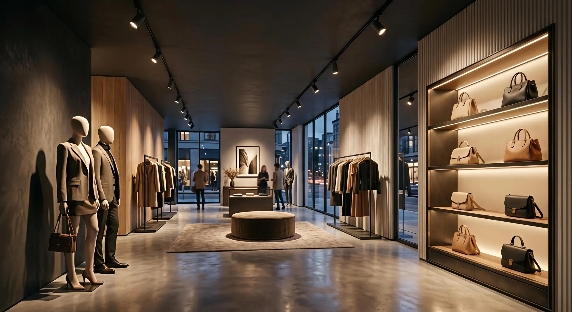 Anti glare ceiling track lighting used in a luxury retail store to highlight premium products