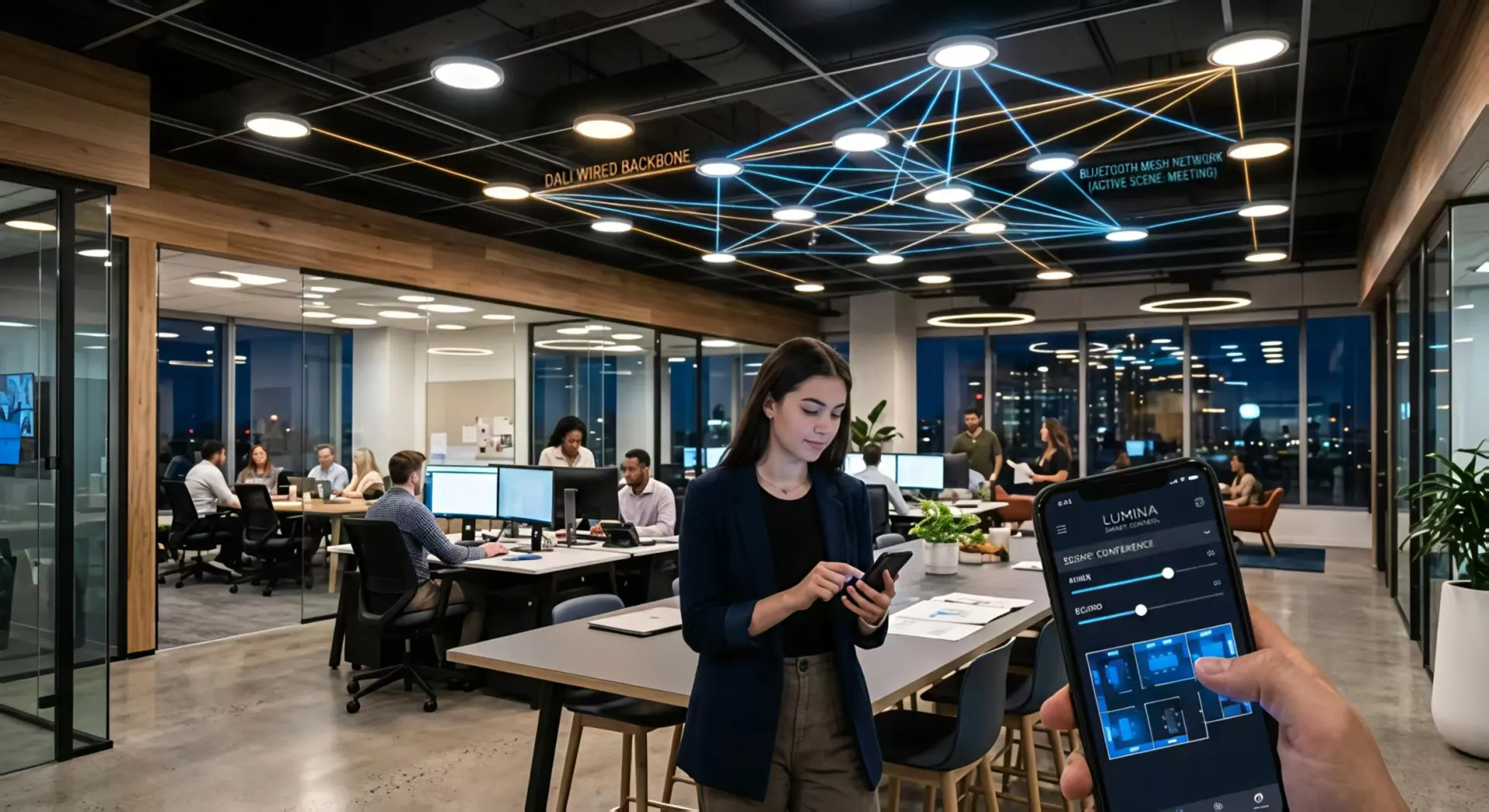 Smart lighting control system managing smart LED recessed lights in a commercial building