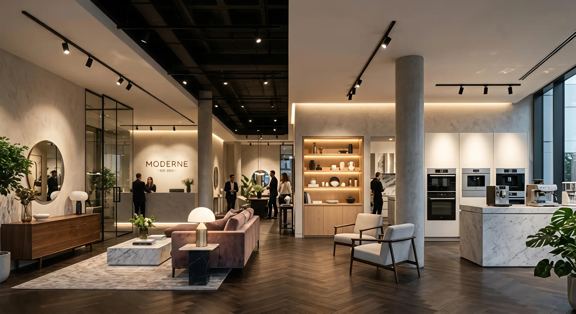 Commercial showroom combining spotlights and anti glare recessed downlights