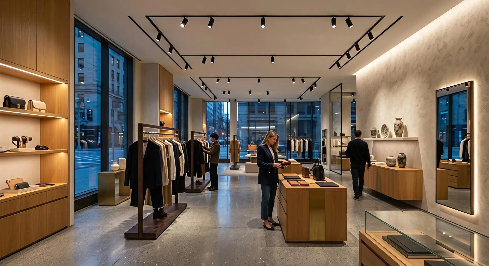 Modern commercial space using sustainable energy efficient track lighting