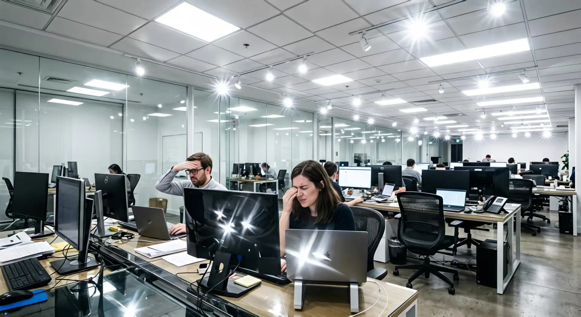 Harsh LED glare in a modern office caused by exposed lighting and poor optical control