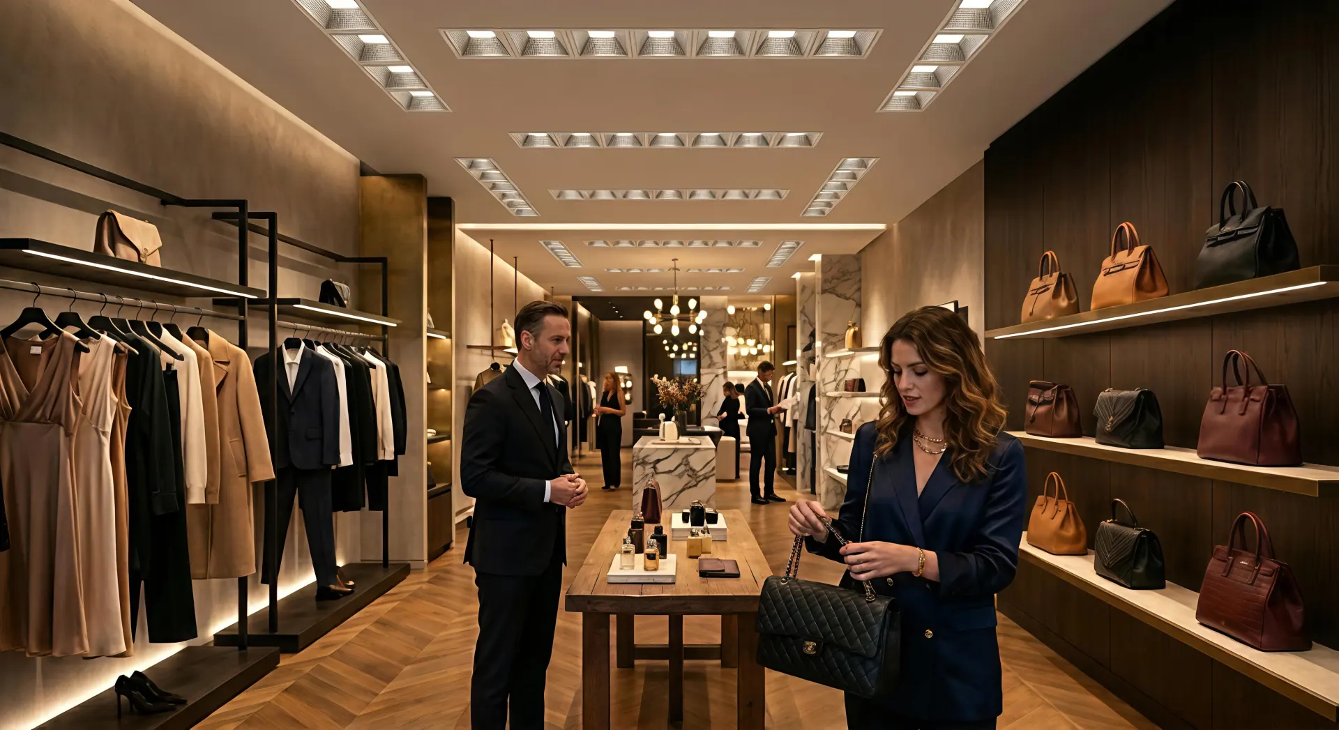 Anti-glare recessed linear downlight fixture with deep recessed optics in a modern office lobby