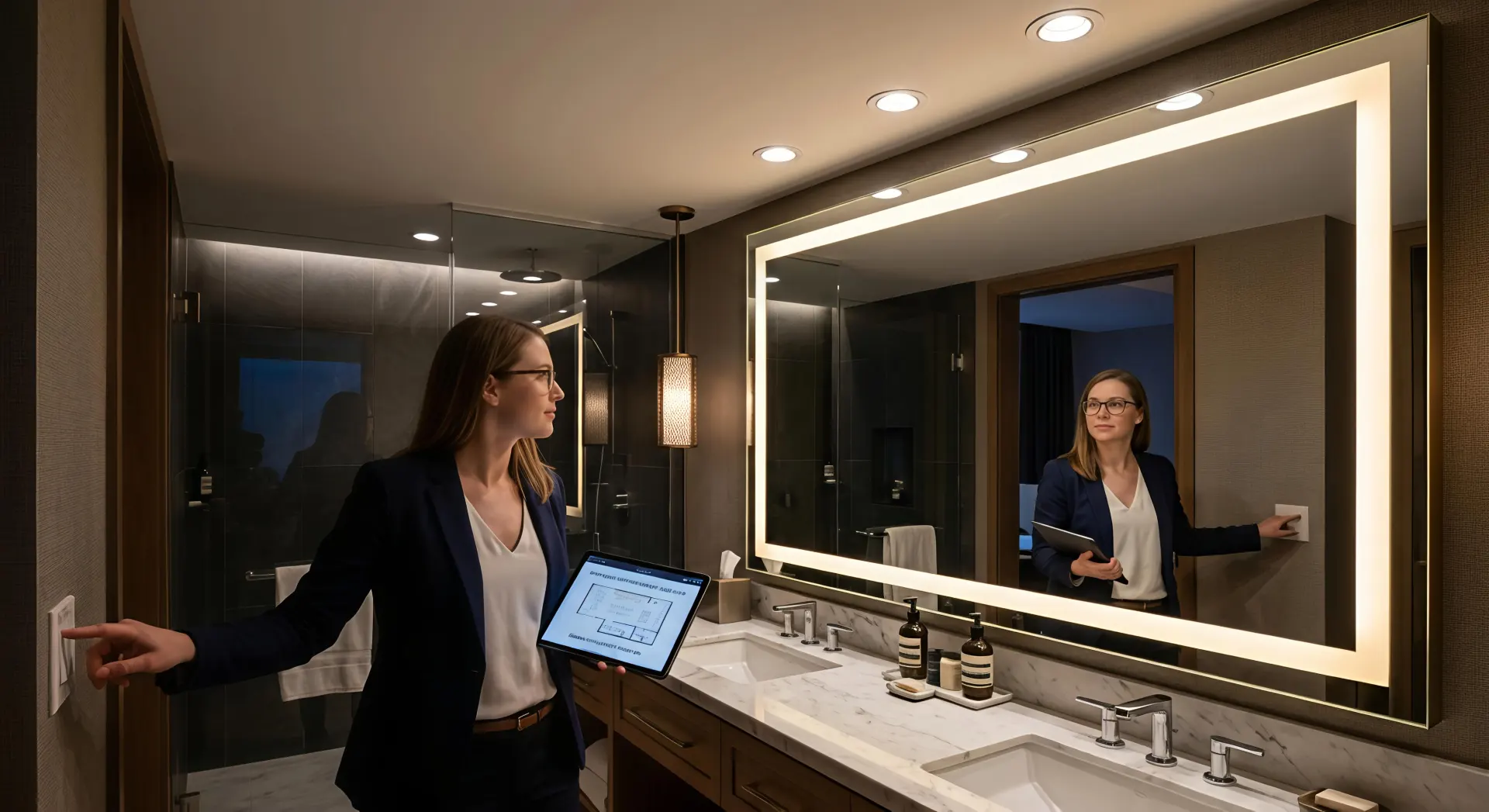 Best-practice hotel vanity lighting design using mirror fill light downlights.