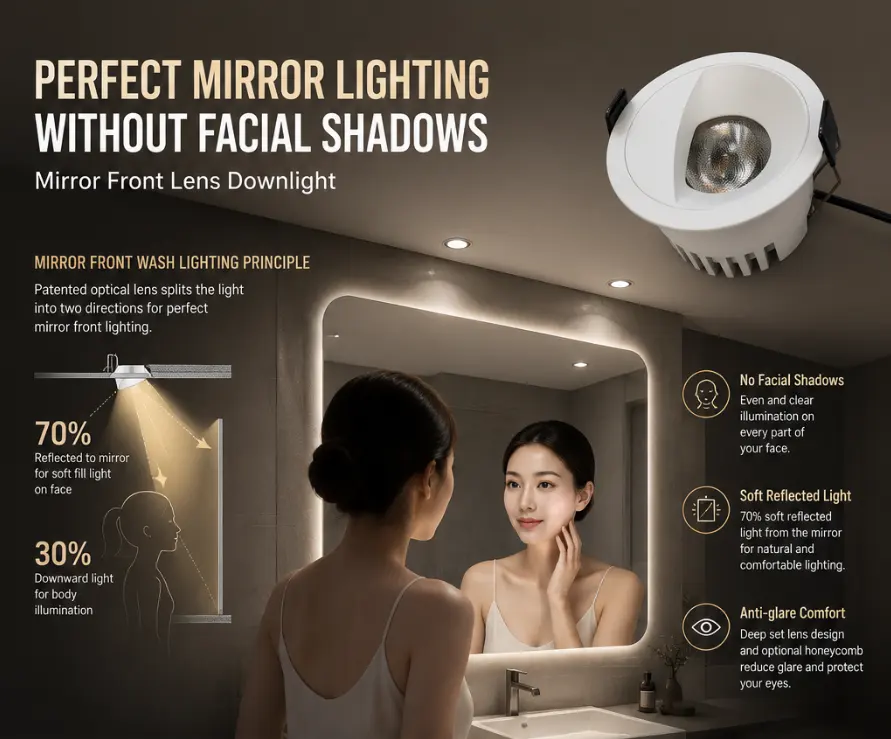 Comparison between poor hotel mirror lighting and professional mirror fill light downlight solutions.