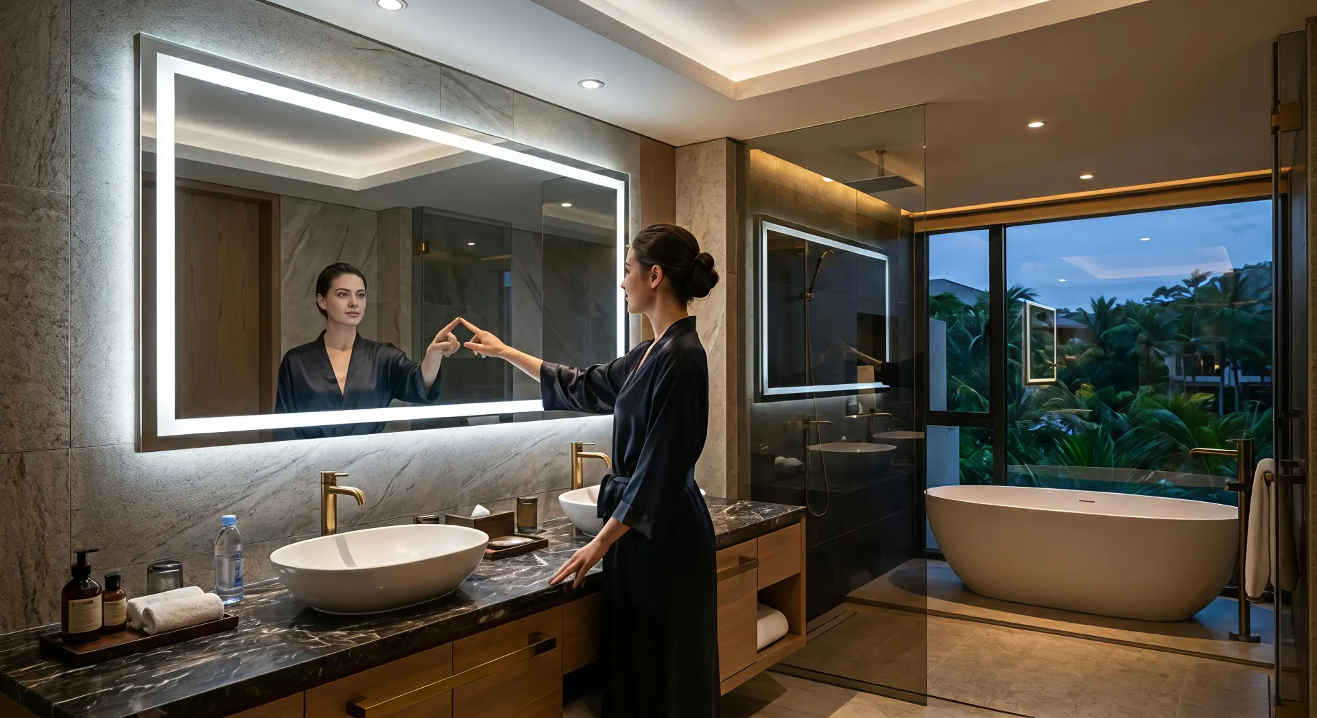 Smart hospitality mirror lighting with tunable white mirror fill light downlights.
