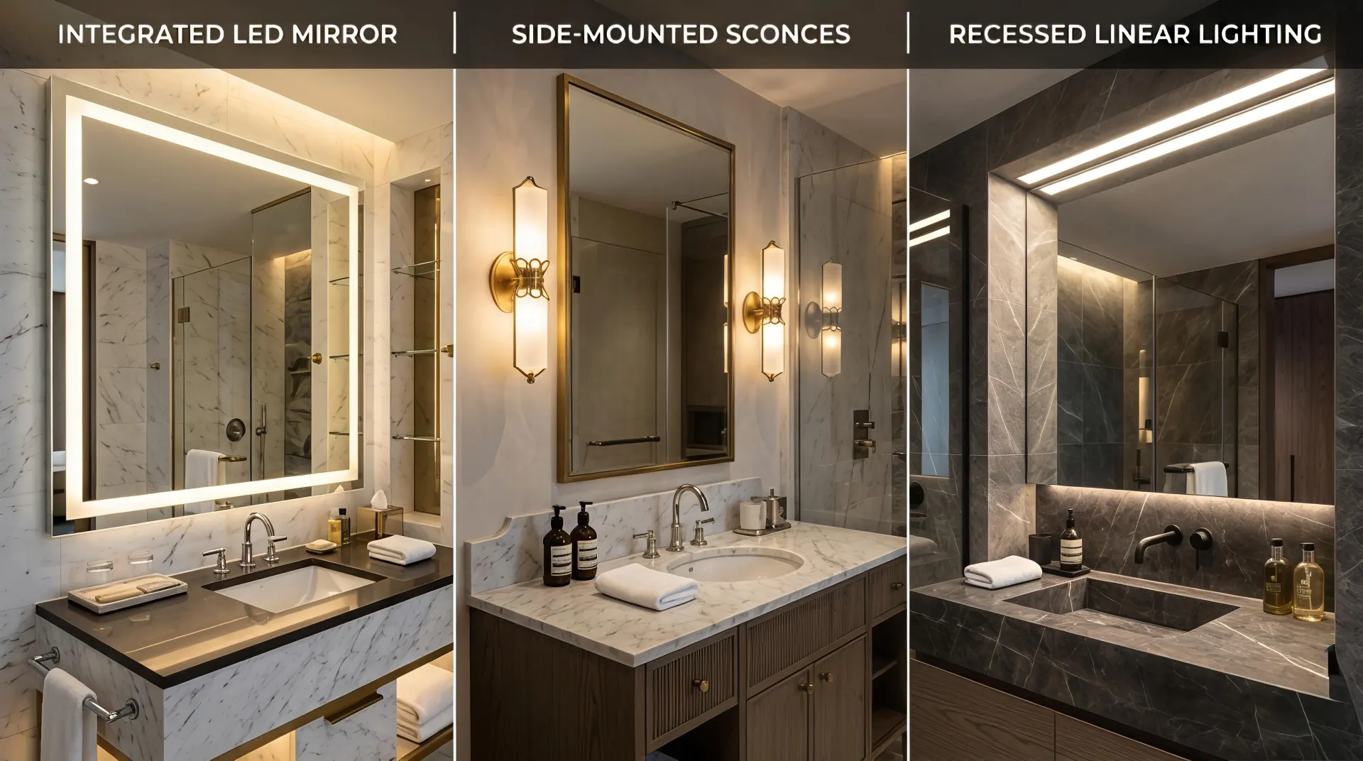 Popular hotel bathroom mirror lighting solutions including illuminated mirrors wall sconces and recessed linear lighting