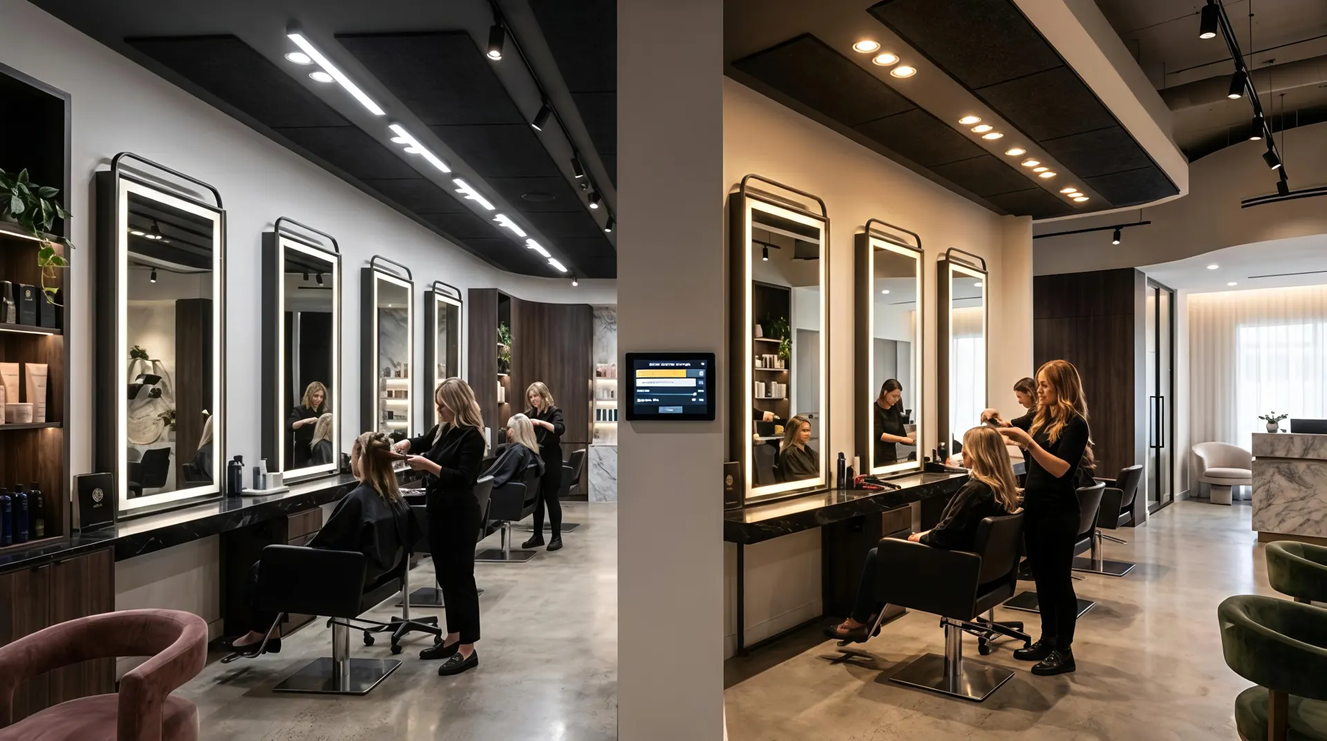 Smart beauty salon mirror lighting system with tunable white mirror lighting downlights