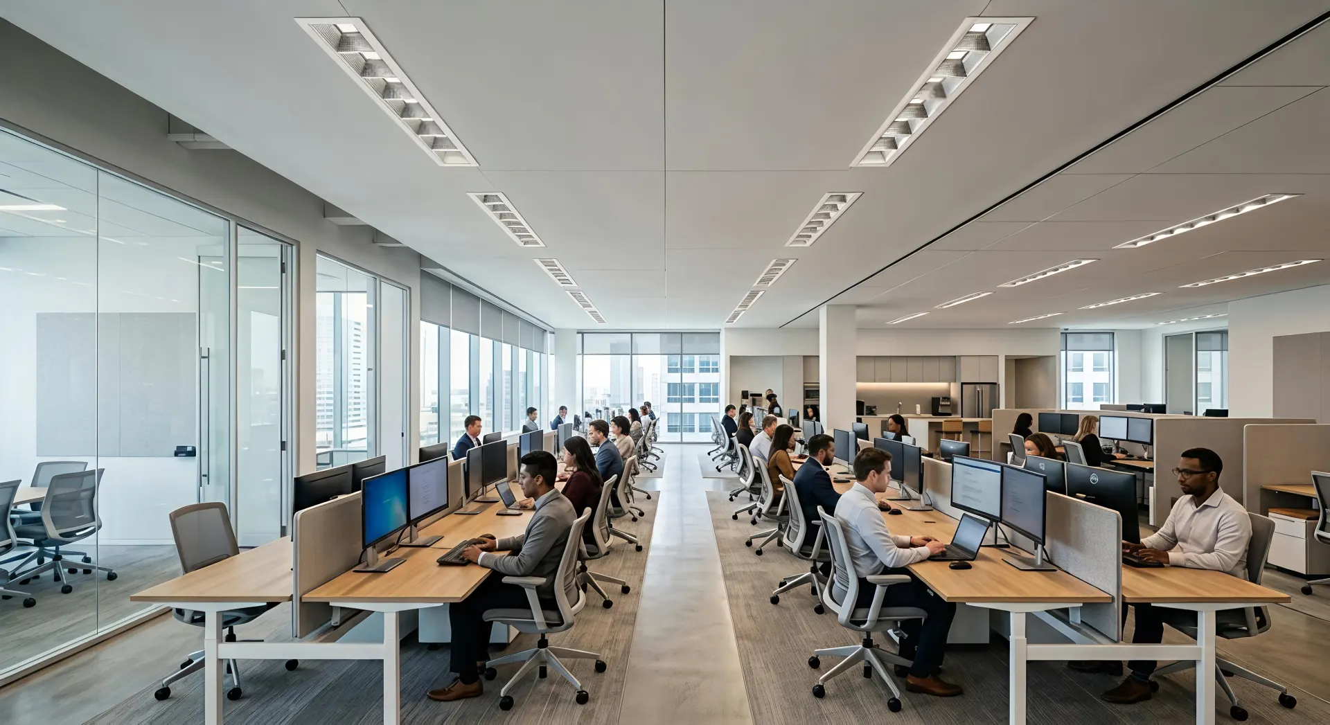 Modern office workspace with recessed linear downlights on the ceiling, parallel lighting layout providing uniform and low-glare illumination for employees.
