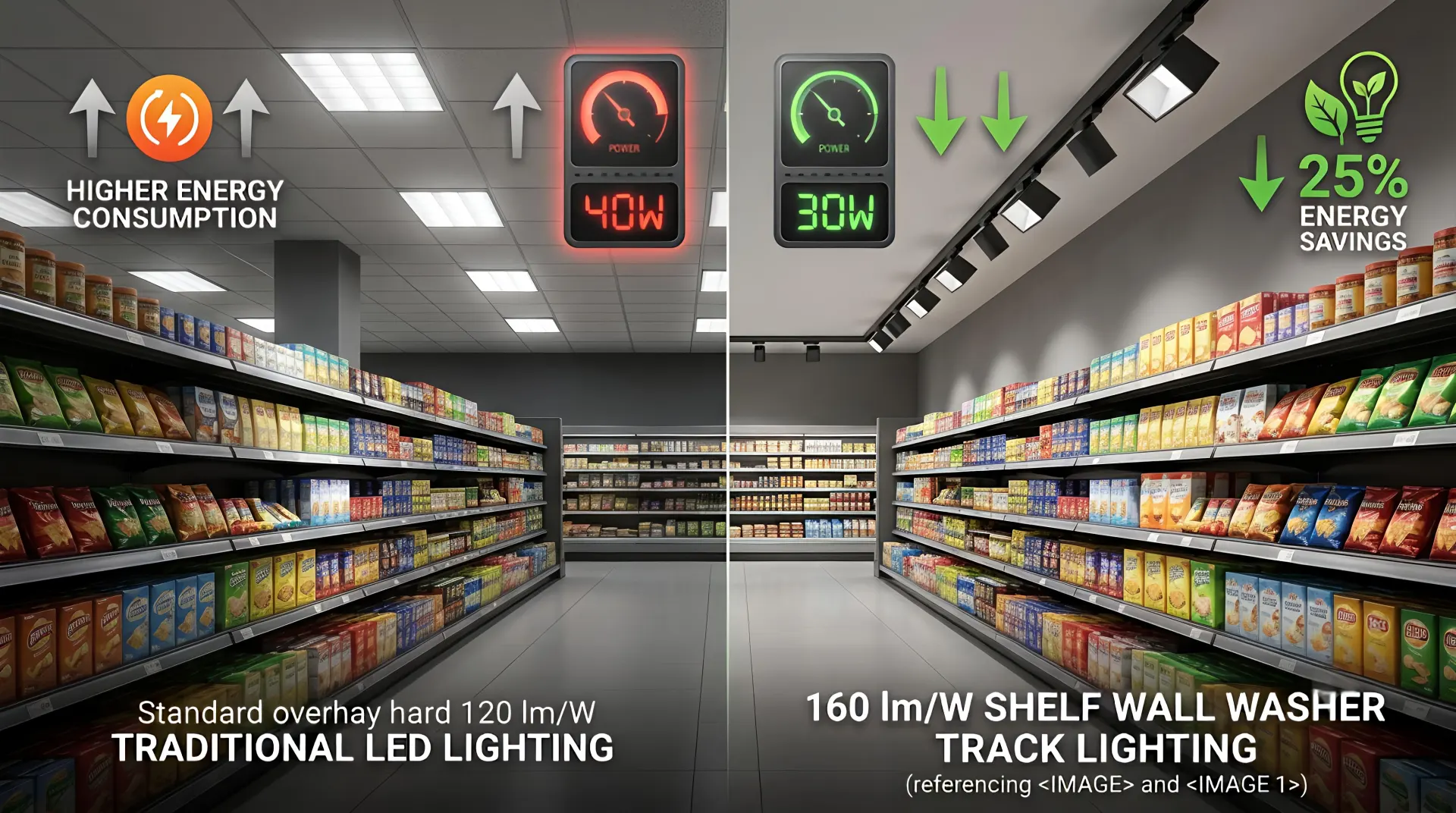 Vergleich zwischen 120 lm/W und 160 LM/W Supermarkt-Regalbeleuchtung zeigt 25 Prozentuale Energieeinsparungen bei Regalwandreiniger-Schienenlampen.
