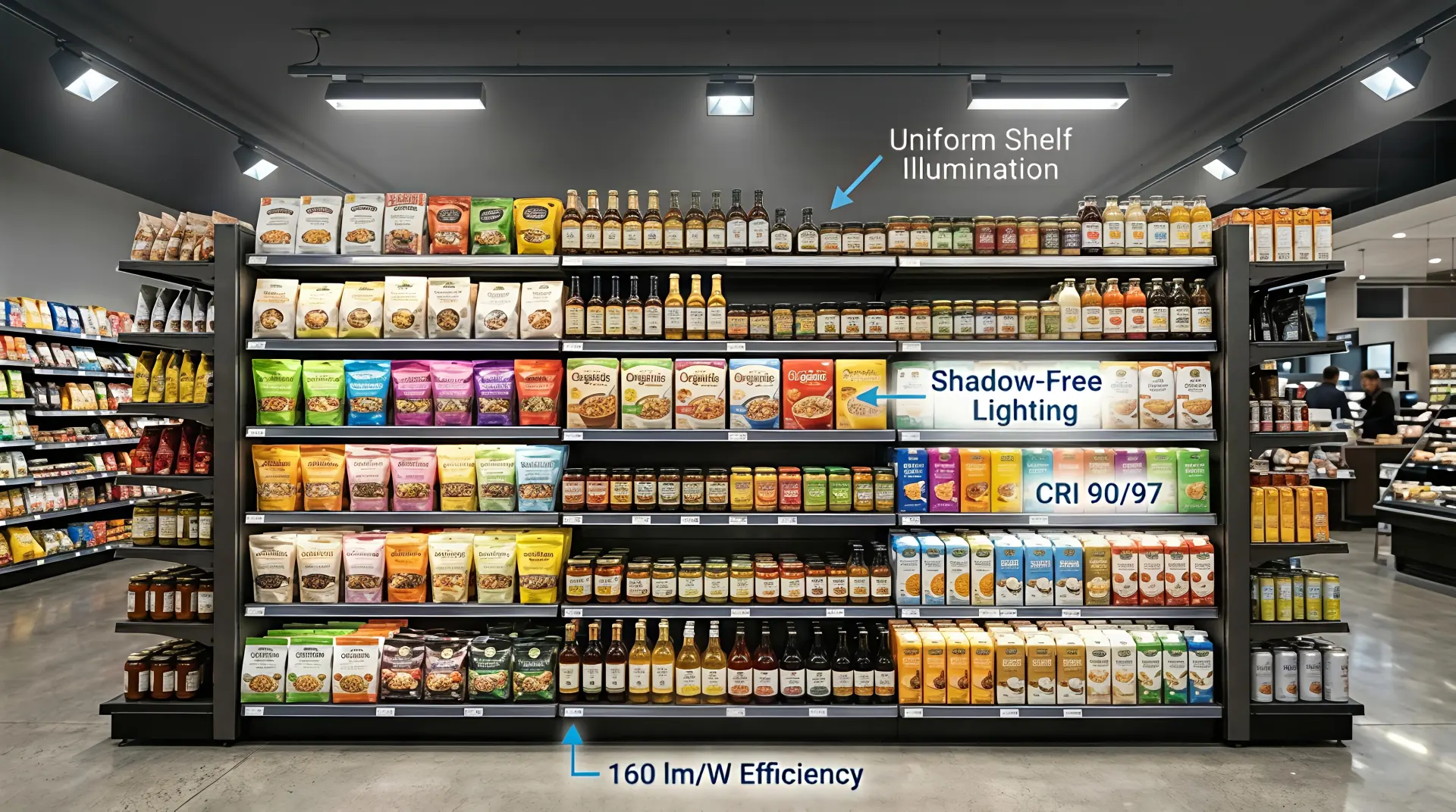 Schattenfreie Regalbeleuchtung im Supermarkt erstellt von 160 LM/W Regalwandreiniger-Schienenleuchten mit gleichmäßiger vertikaler Beleuchtung und hoher Produktsichtbarkeit.