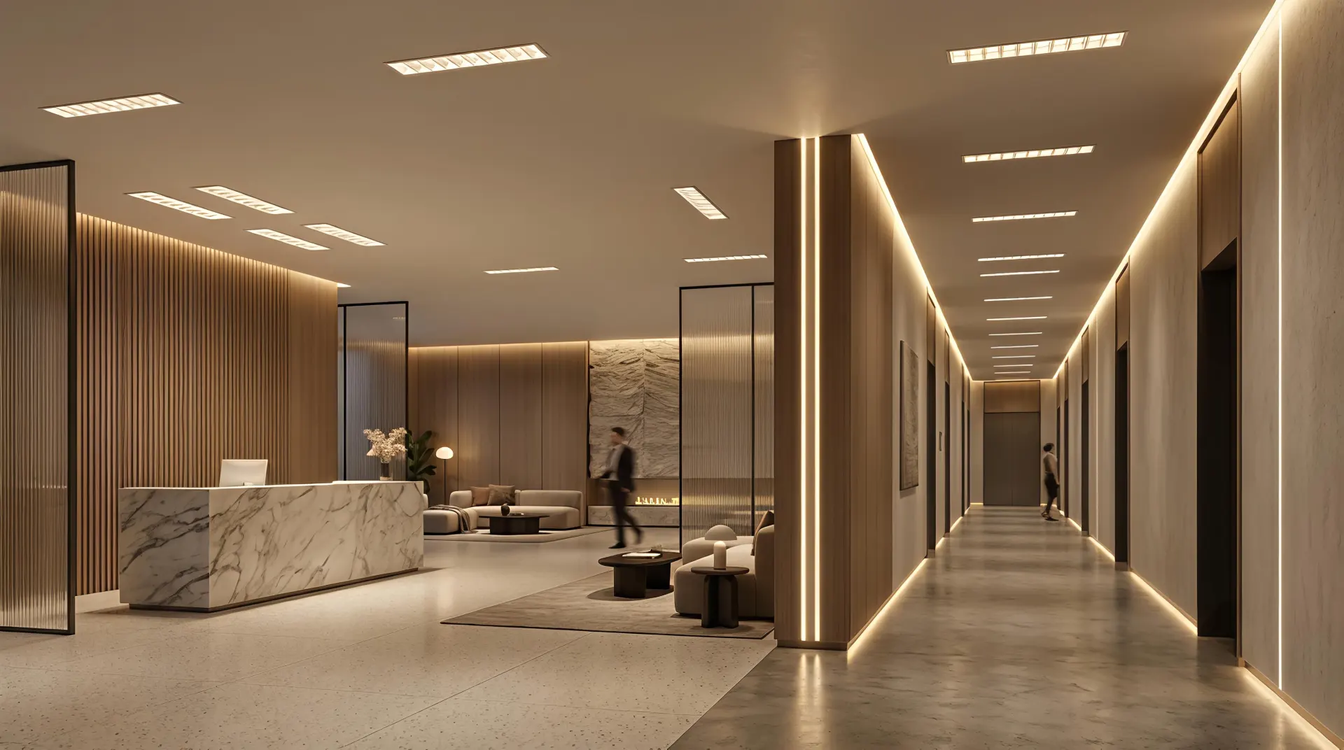 Hotel lobby with recessed linear downlights creating seamless architectural lighting lines and a warm hospitality atmosphere.