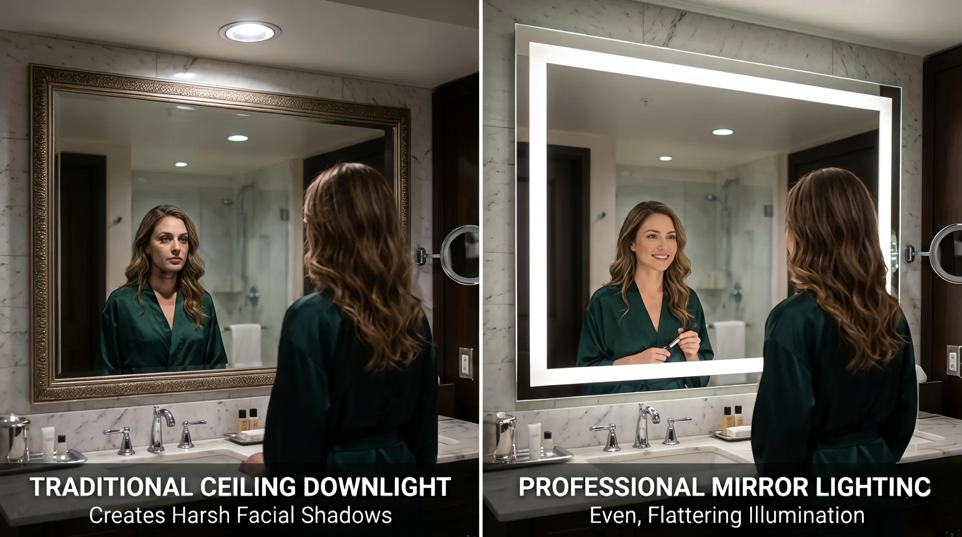Comparison between traditional downlights and professional hotel vanity lighting showing facial shadow reduction