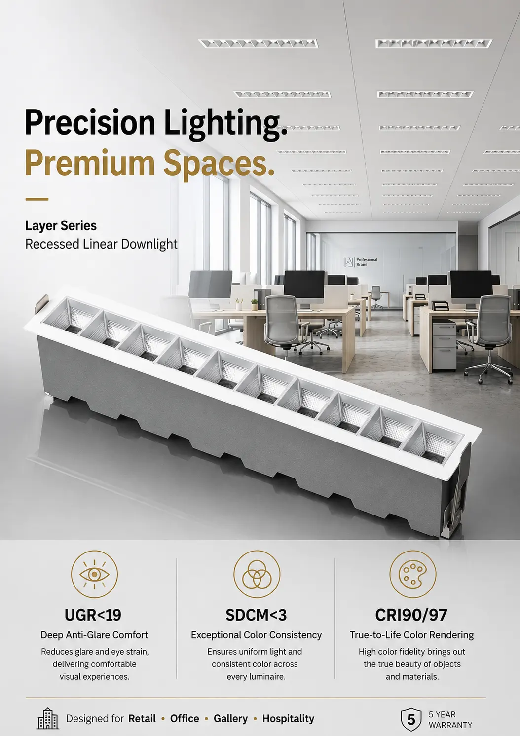 UGR<19 Chip Osram de luz descendente lineal LED antirreflejo 120-130 Foco lineal empotrado de alta eficacia lm/w para galería de museos y oficina moderna