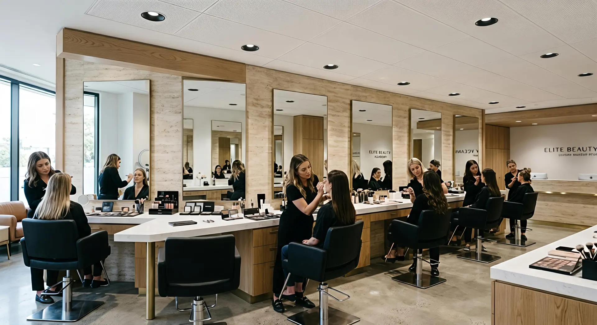 Professional makeup studio lighting layout with mirror lighting downlights above each makeup station